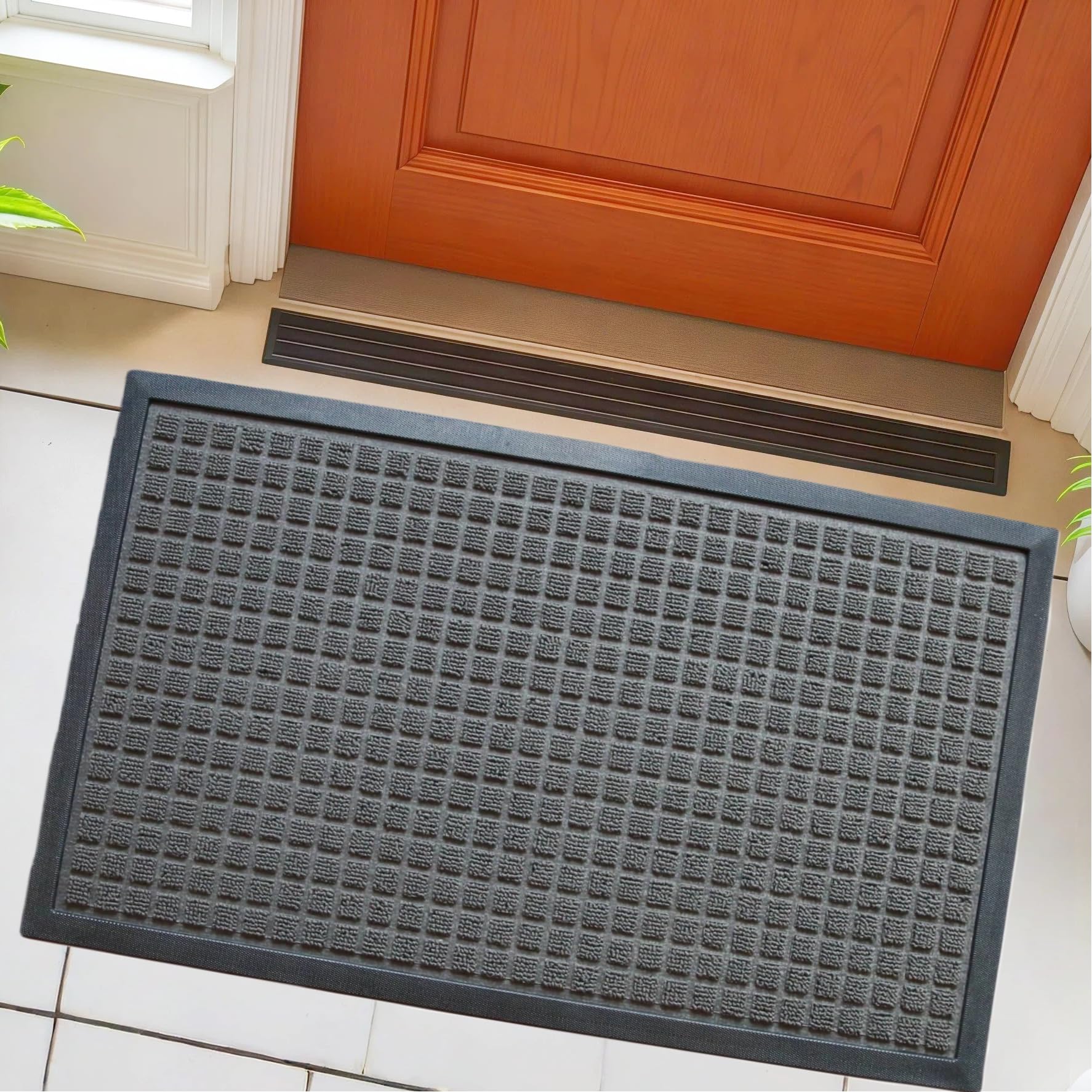 Waterproof Door Mat for Front Door Entrance, Non Slip Indoor Outdoor Rug, Heavy Duty Floor Mat for Entryway, Kitchen, Porch or Garage, Washable Black Doormat for Home Decor(Grey, 23.6x35.4Inch)