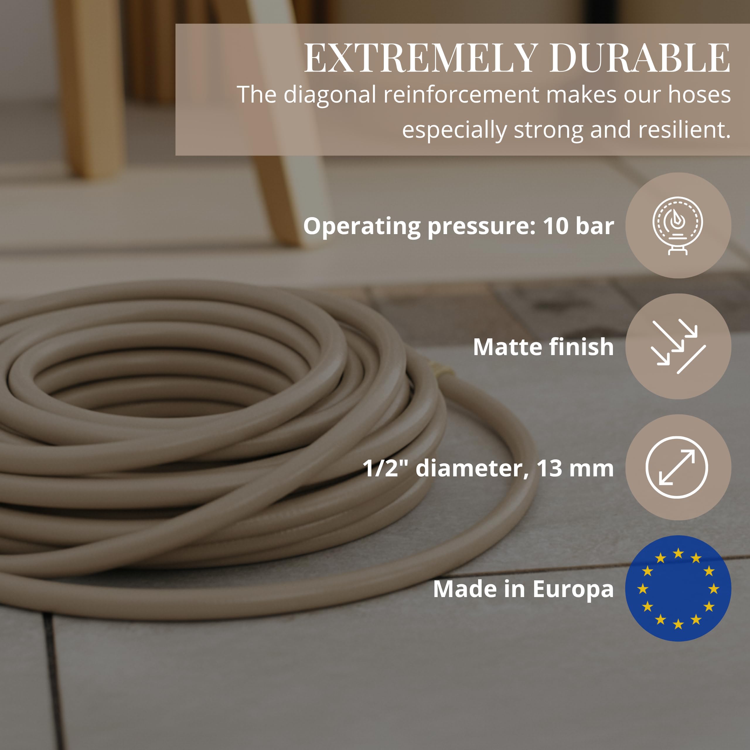 LIVLIG Kit Arrosage Complet 20m Beige – Tuyau d'Arrosage 20m 1/2 Pouce + Pistolet d'Arrosage & Accessoires (Raccord Robinet 3/4", Raccord Rapide, Arrêt d'Eau 1/2") – Made in Europe