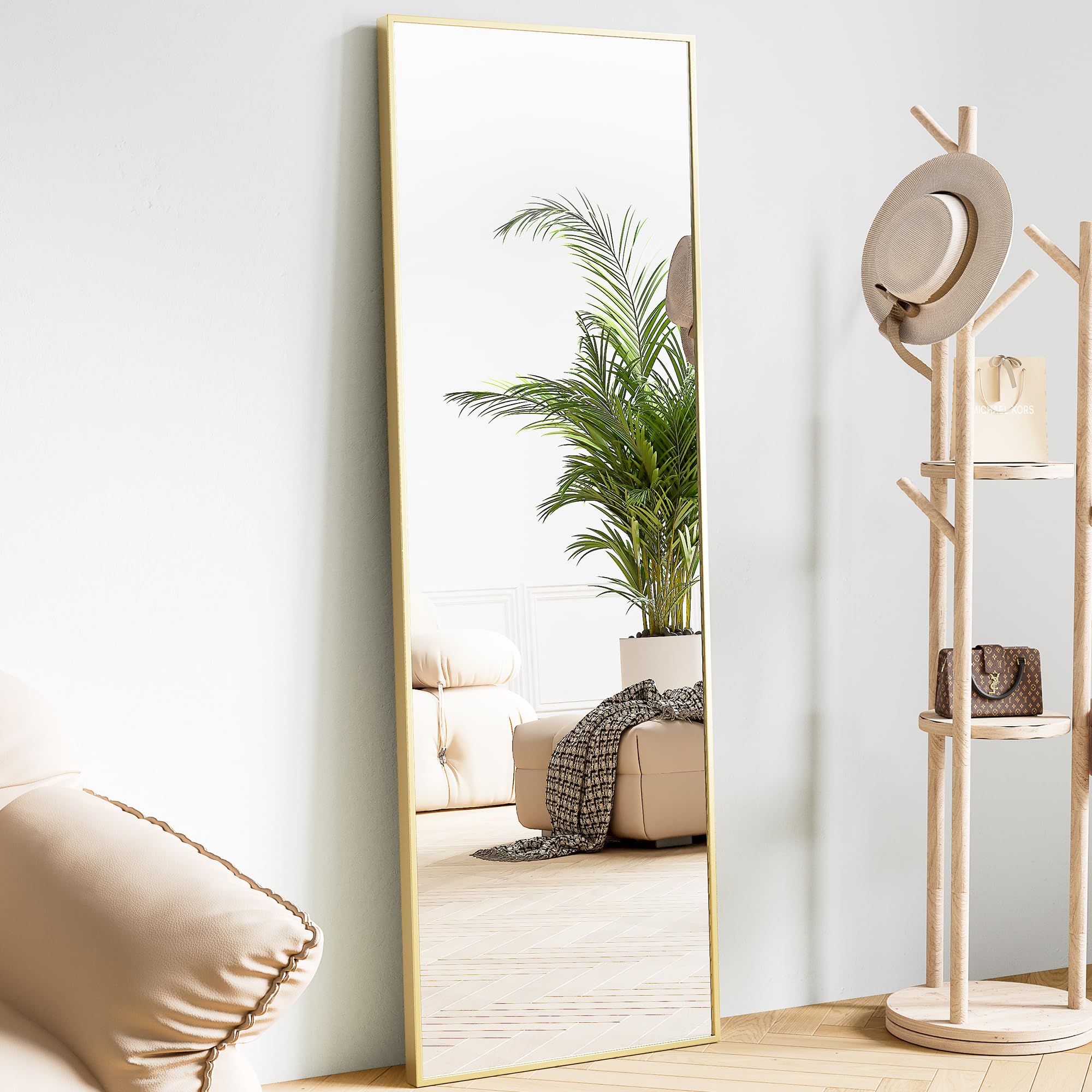 Sweetcrispy 59"x16" Full Length Mirror, Standing or Leaning Full Body Mirror with Aluminum Alloy Thin Frame, Suitable for Bedroom or Cloakroom,Gold