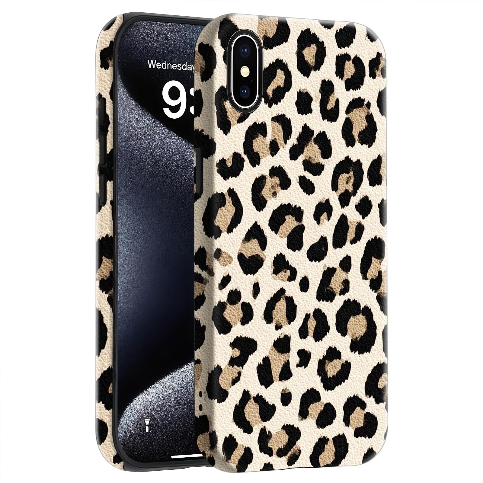 for iPhone Xs Max Case Beige Leather Leopard Print, Anti-Scratch Shockproof 2 Layer Hard Cover, Faux Leather Animal Print Classic Chic, for Women, Birthday