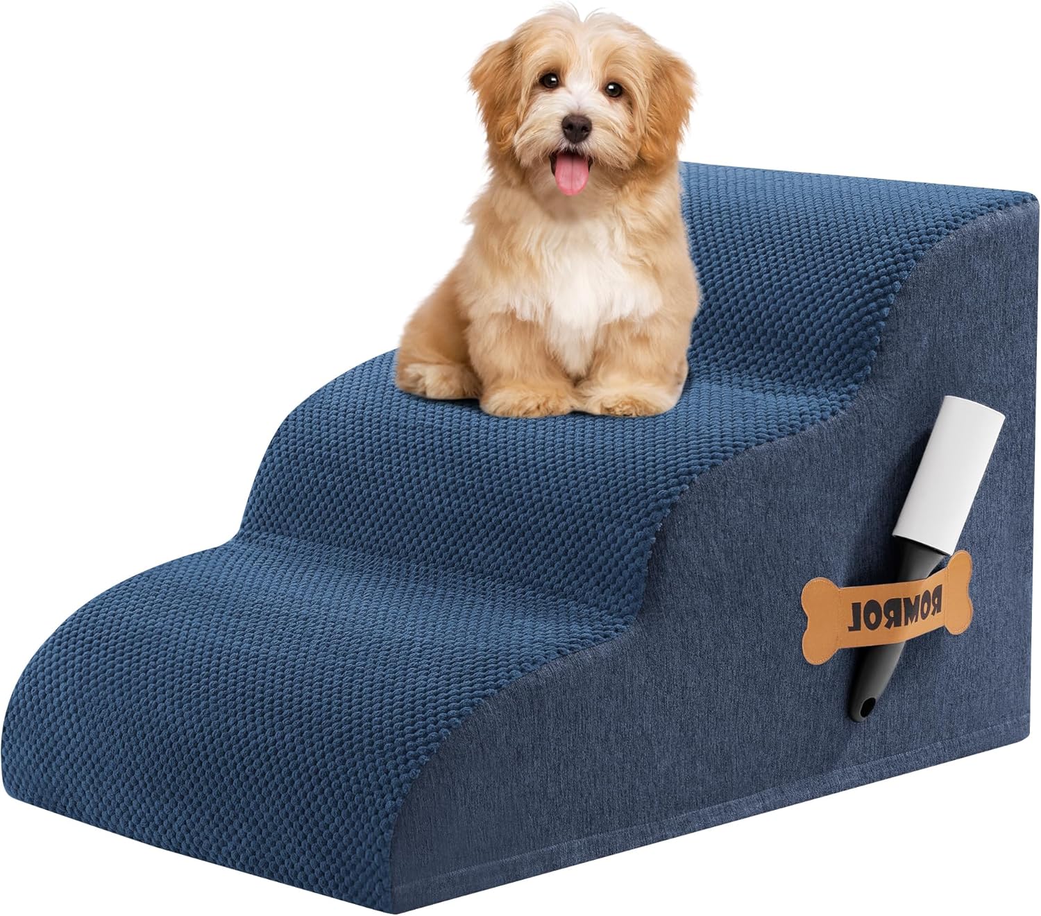 Romrol Dog Stairs Ramp for High Beds Couches, High Density Foam Pet Steps with Durable Non-Slip Waterproof Fabric Cover, Dog Stairs for Small Dogs or Cats or Pets, 3-Step,15 Inch,Dusty Blue 3 Step-15.7"H Fleece-Dusty Blue
