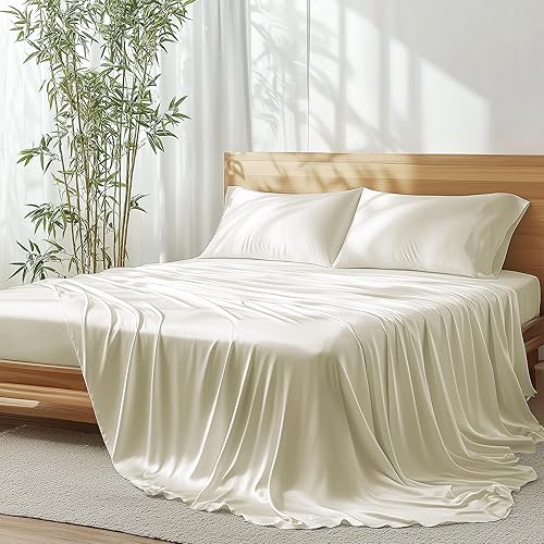 Juego de sábanas de viscosa de bambú tamaño King, 4 piezas, 100% viscosa de bambú orgánica, percal de 400 hilos lujosamente suave, doble costura