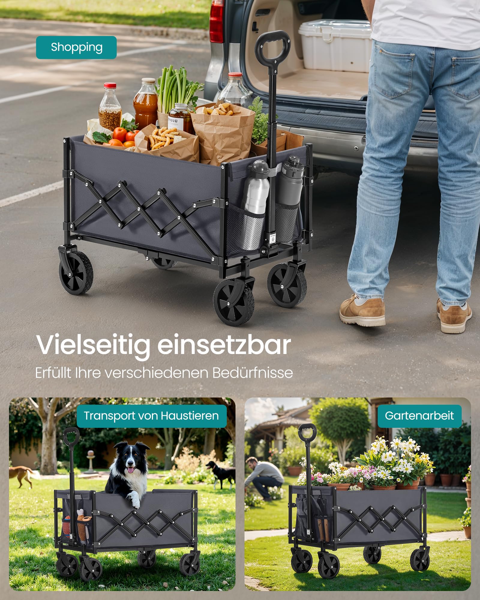 SONGMICS Kleiner Handwagen faltbar, Gartenwagen, kompakt, mit Griff, mit 4 verstärkten Rollen, Davon 2 Universalräder, bis 180 kg belastbar, Outdoor, Garten, 90 L, schiefergrau GFW909G01