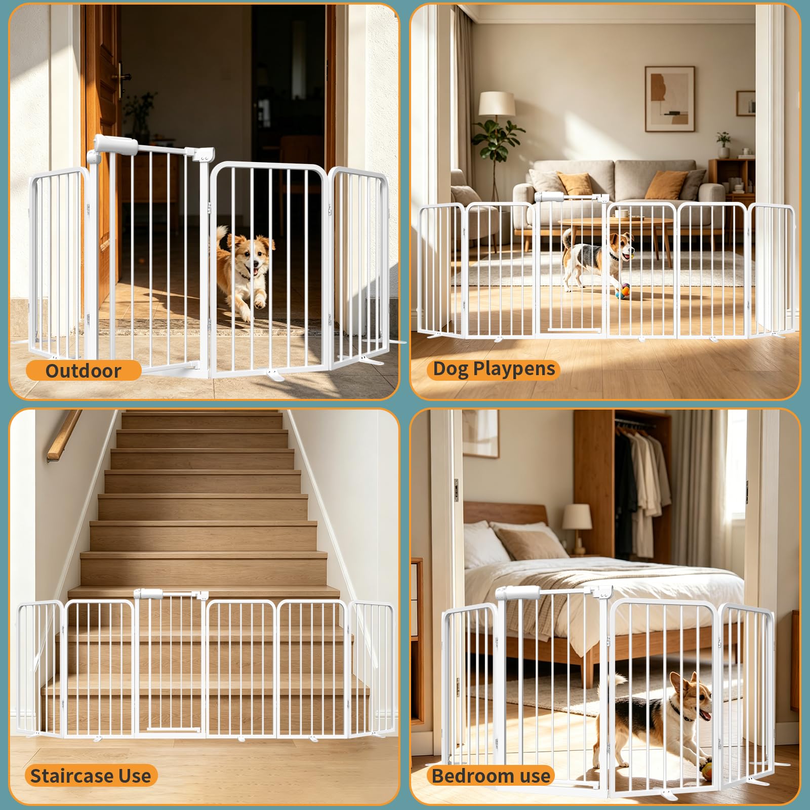 Xifamniy Freistehendes Hundegitter mit Tür, faltbarer Metallzaun, für drinnen und draußen, extra breit, 6 Paneele, 76,2 cm hoch, 274,4 cm breit, mit Stützfüßen für Türen, Weiß
