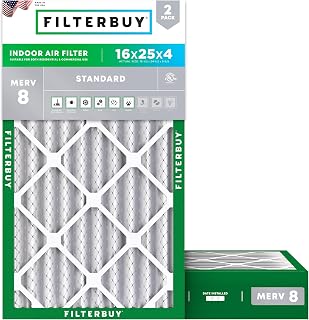 Filterbuy 16x25x4 MERV 8 Air Filters (2-Pack) - Electrostatic Pleated Furnace HVAC Filters, Dust & Allergy Defense, Made in USA (15.5x24.5x3.63 Actual)