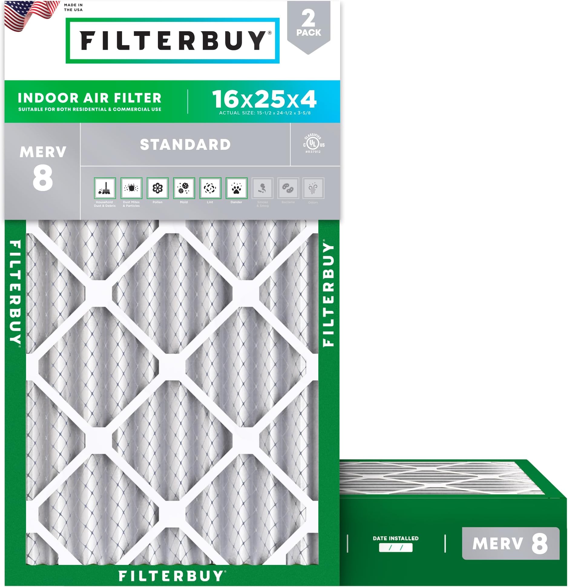 Furnace Filter/Air Filter - AFB Silver MERV 8 (2 Pack), AFB16x25x4M8pk2