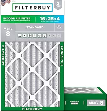 Filterbuy 16x25x4 Air Filter MERV 8 Dust Defense (2-Pack), Pleated HVAC AC Furnace Air Filters Replacement (Actual Size: 15.50 x 24.50 x 3.63 Inches)