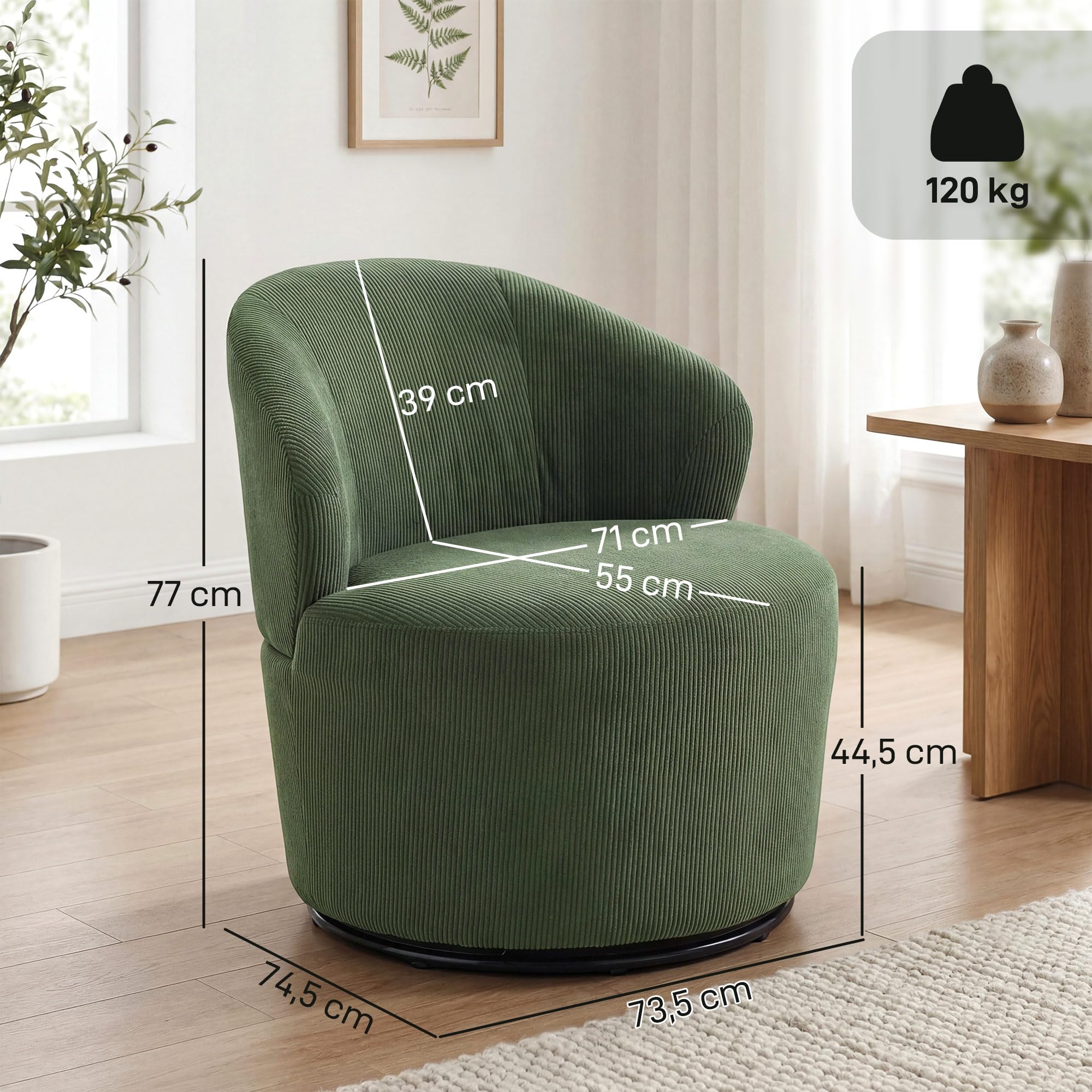 HOMCOM Sessel Drehbar Loungesessel mit Breitem Sitz Moderner Polstersessel mit Geschwungene Rückenlehne und Dicker Polsterung Relaxsessel mit Cord-Optik für Wohnzimmer, Schlafzimmer, Grün