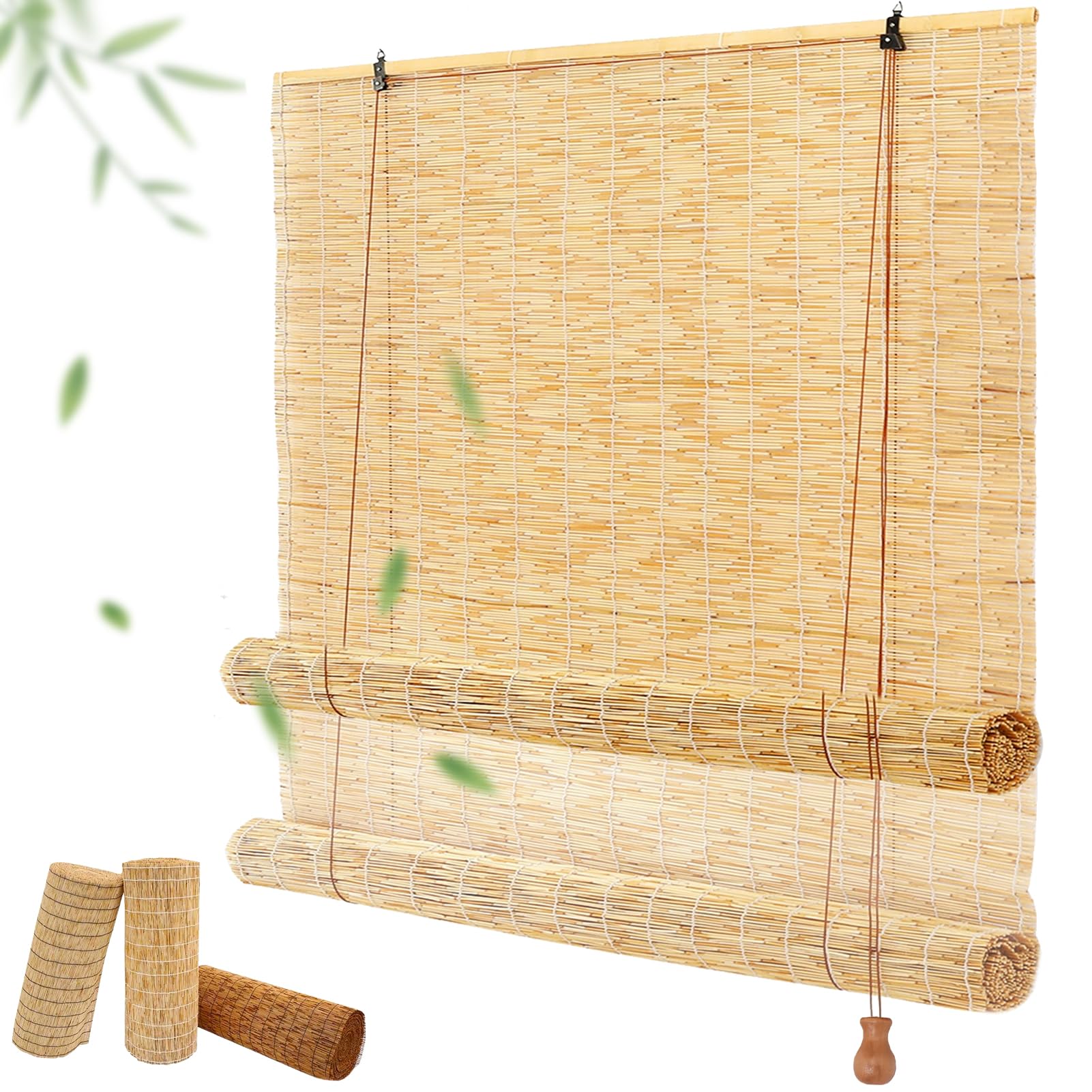 Outdoor Roller Reed Blinds Porch Bamboo Shades 55 60 70 90 100 120 140 150 160 183cm Wide Roman Blinds Customisable with Lifter, Privacy Protection, No Drill, Blackout Blinds for Patio Roll Up