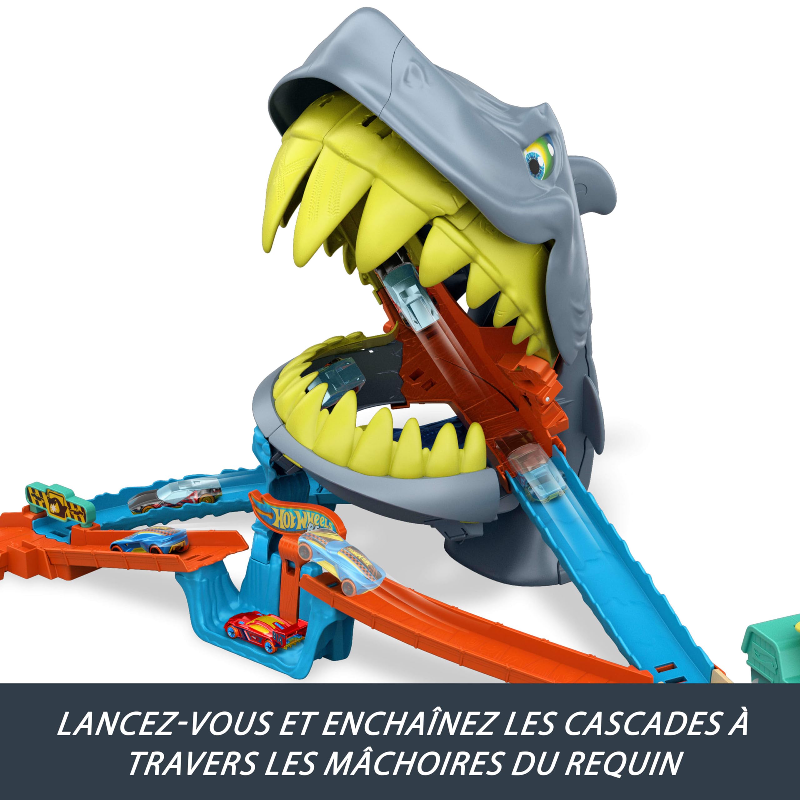 Hot Wheels L’Attaque du Requin Coffret et véhicule en métal à l’échelle 1/64. 2 modes de jeu : terrassez le requin ou faites-vous dévorer, JHL96