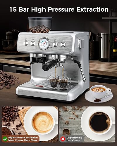 Miniatura 2 de COWSAR Máquina de café expreso de 15 bares, máquina de café expreso semiautomática con molinillo de frijoles y espumador de leche, tanque de agua