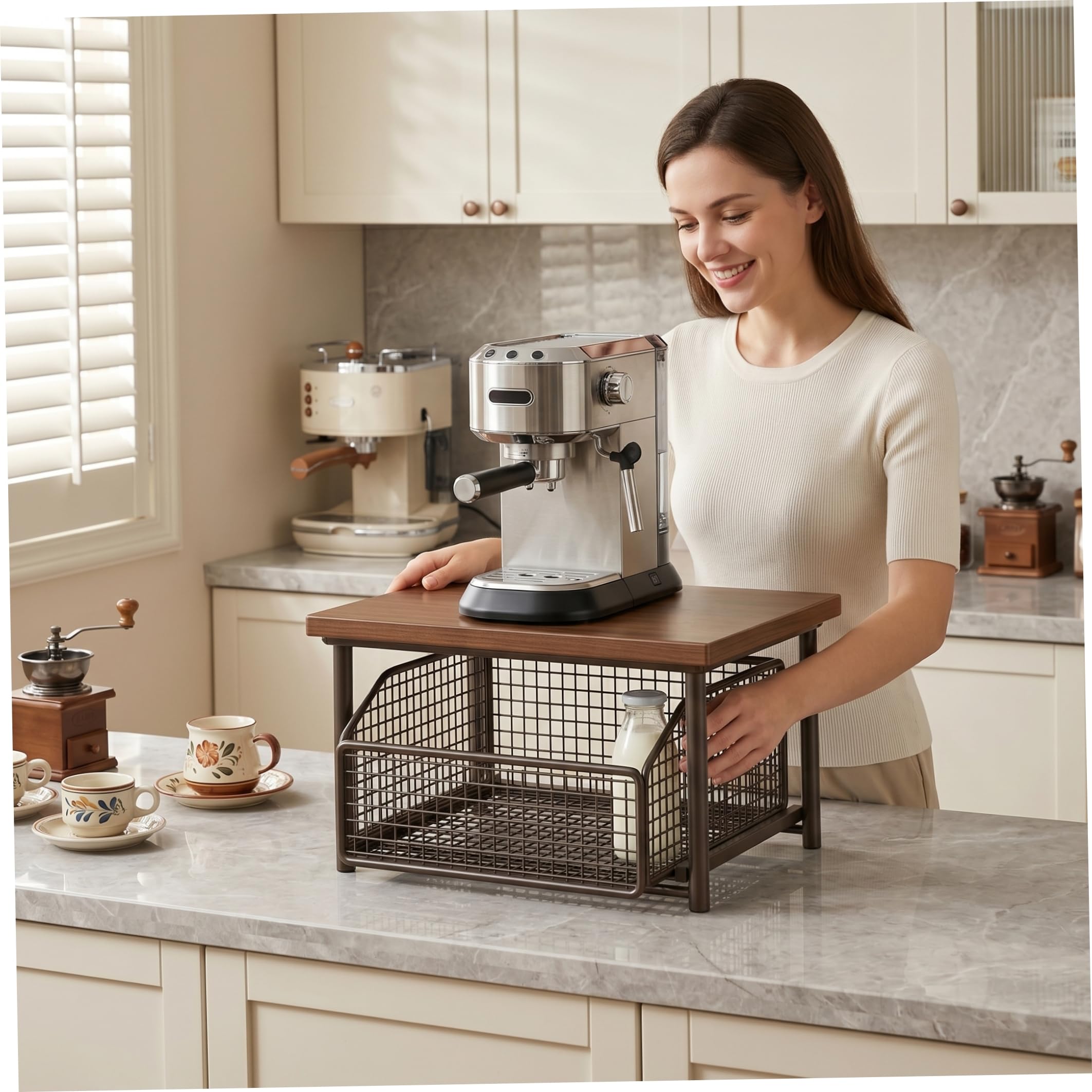 Organizador de estación de café Soporte de café de Metal Resistente con cajón y Bandeja de Madera para Cocina/baño/Bar/Oficina 14, 6 × 9, 8 × 7, 1 Pulgadas
