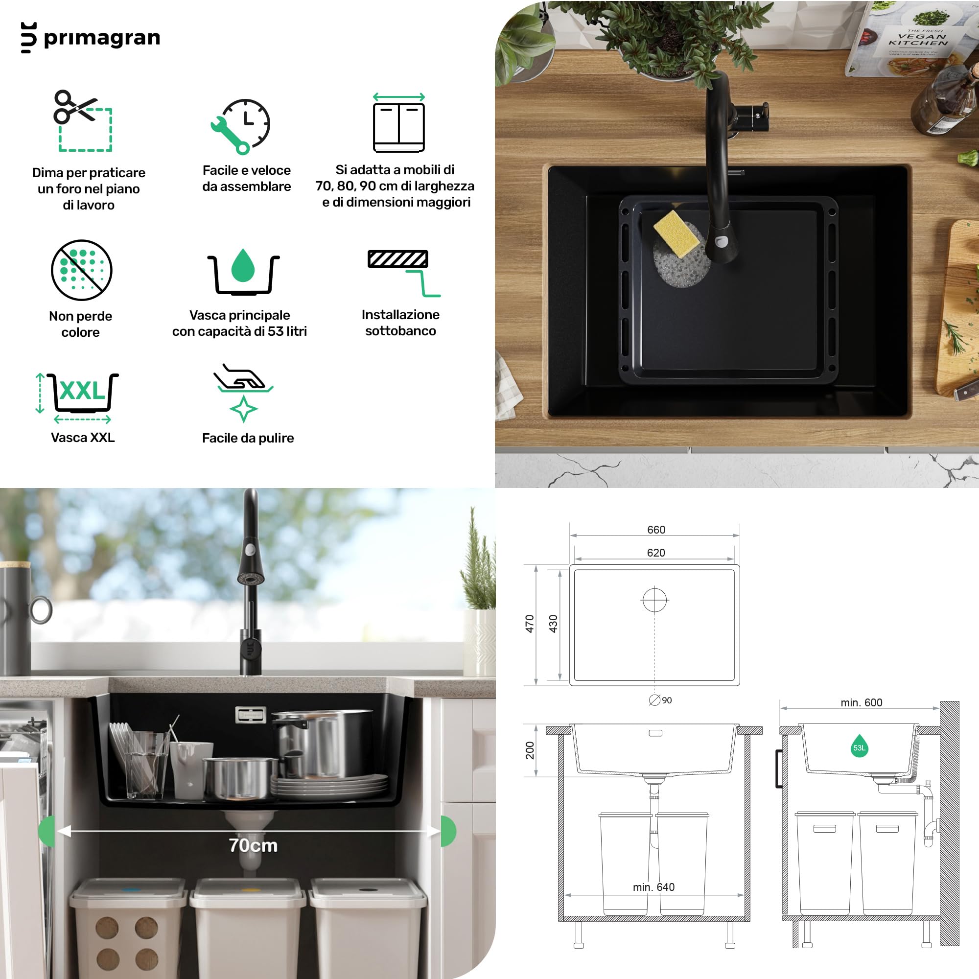 PRIMAGRAN Lavandino sottotop Tutto Nero - London, 66x47cm | Lavello in Granito a 1 Vasca + Rubinetto 40x20cm + Zuberhor-Set, Lavabo da Cucina al Mobile 70cm (S406)