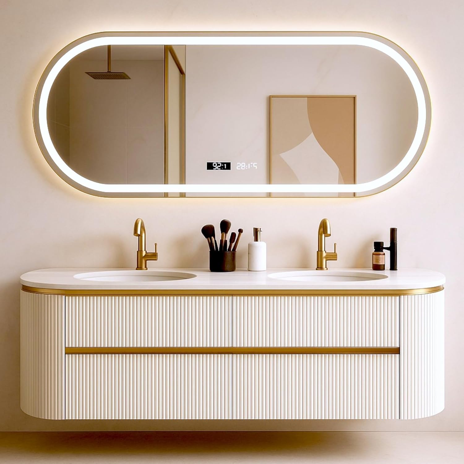ESSENCIA 60 Floating Bathroom Vanity with LED Smart Mirror, Heavy Duty Sintered Stone countertop, Double Ceramic Sinks, Wood Cabinet, Ravena (White)