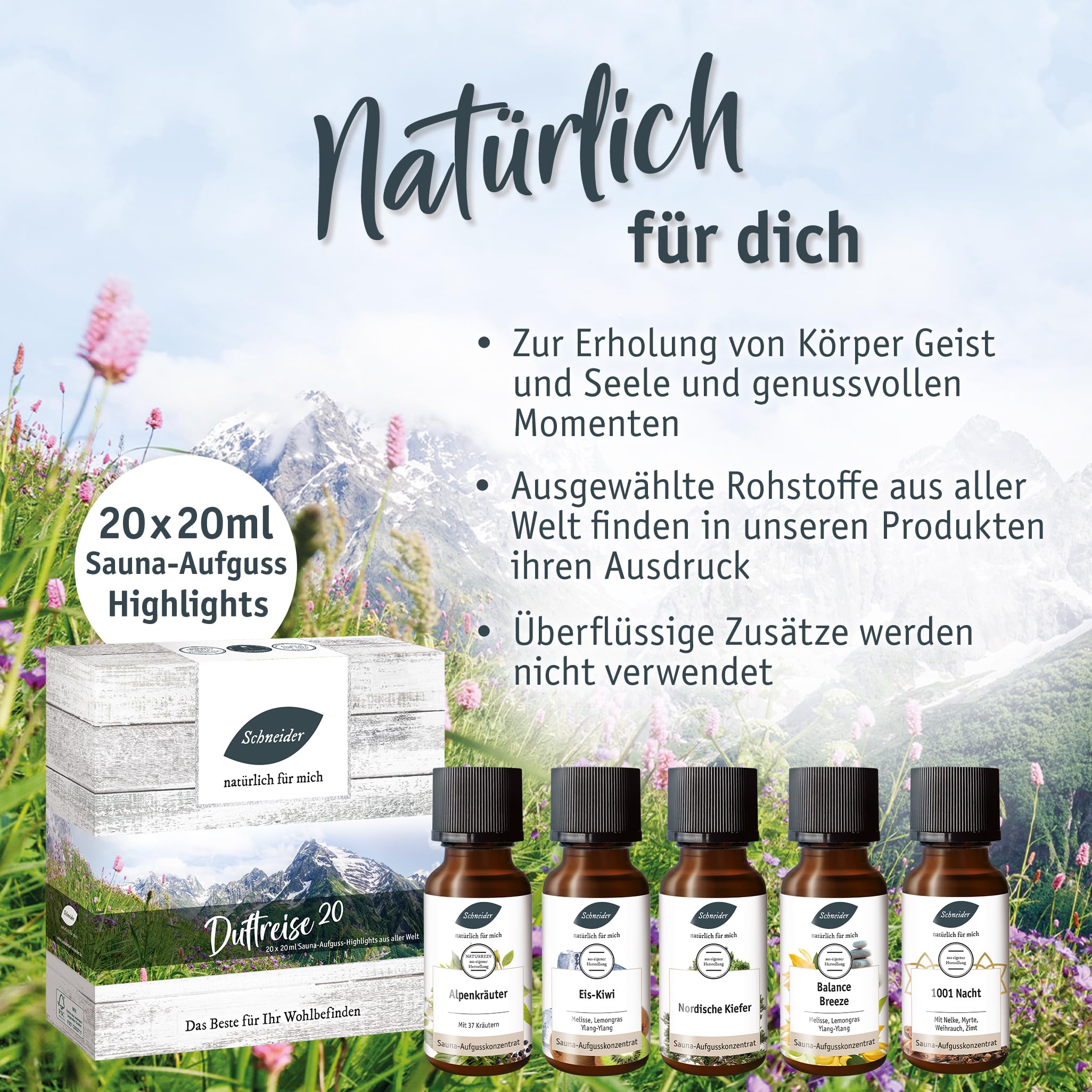 Saunabedarf Schneider Sauna Aufguss Set „Duftreise 20“: 20 x 20 ml, naturreine ätherische Öle, vielfältige Duftkompositionen aus aller Welt, Saunaaufguss Set Wellnessmomente & Abwechslung