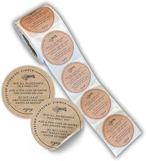 Stovetop Potpourri Instruction Label | 250 pc Roll 2” Circle Label Brown Boho Kraft Paper Design for Christmas Holiday Package of Stove Top Simmer Home Scent Use with Glass Saucepan Steamer Pot