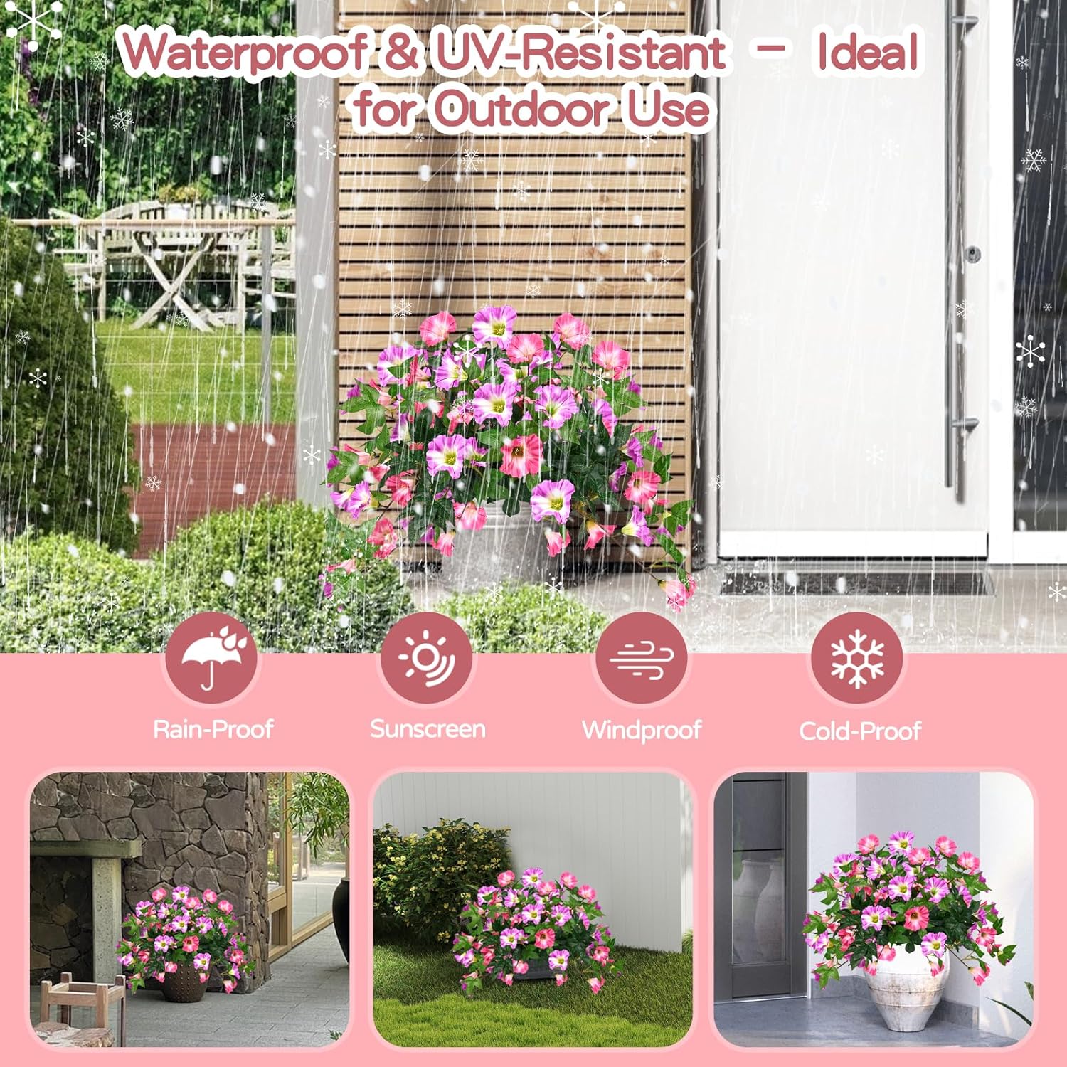 Artificial Flowers for Outdoors with 120 Blooms, Faux Silk Flowers for Outside, UV Resistant Fake Petunias Plants for Hanging Baskets Fence Patio Balcony Garden Cemetery (Purple Red 4 Packs New)