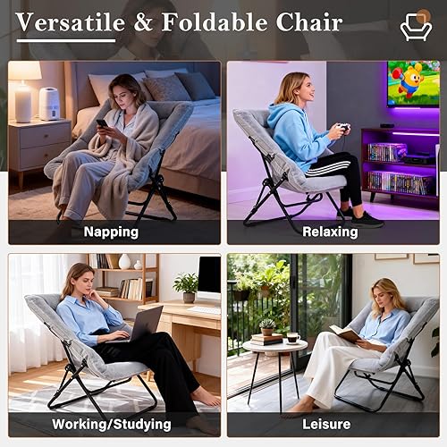 Miniatura 51 de Silla platillo, cómodas sillas de dormitorio, silla plegable de piel sintética de gran tamaño, silla plegable con marco de metal para sala de estar,