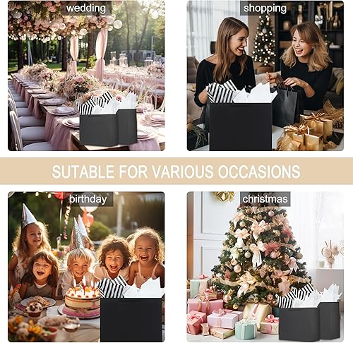 Miniatura 6 de Offizon 12 bolsas de regalo negras, bolsas de regalo con papel de seda (4 pequeñas de 6 pulgadas, 4 medianas de 8.7 pulgadas, 4 grandes de 12.6