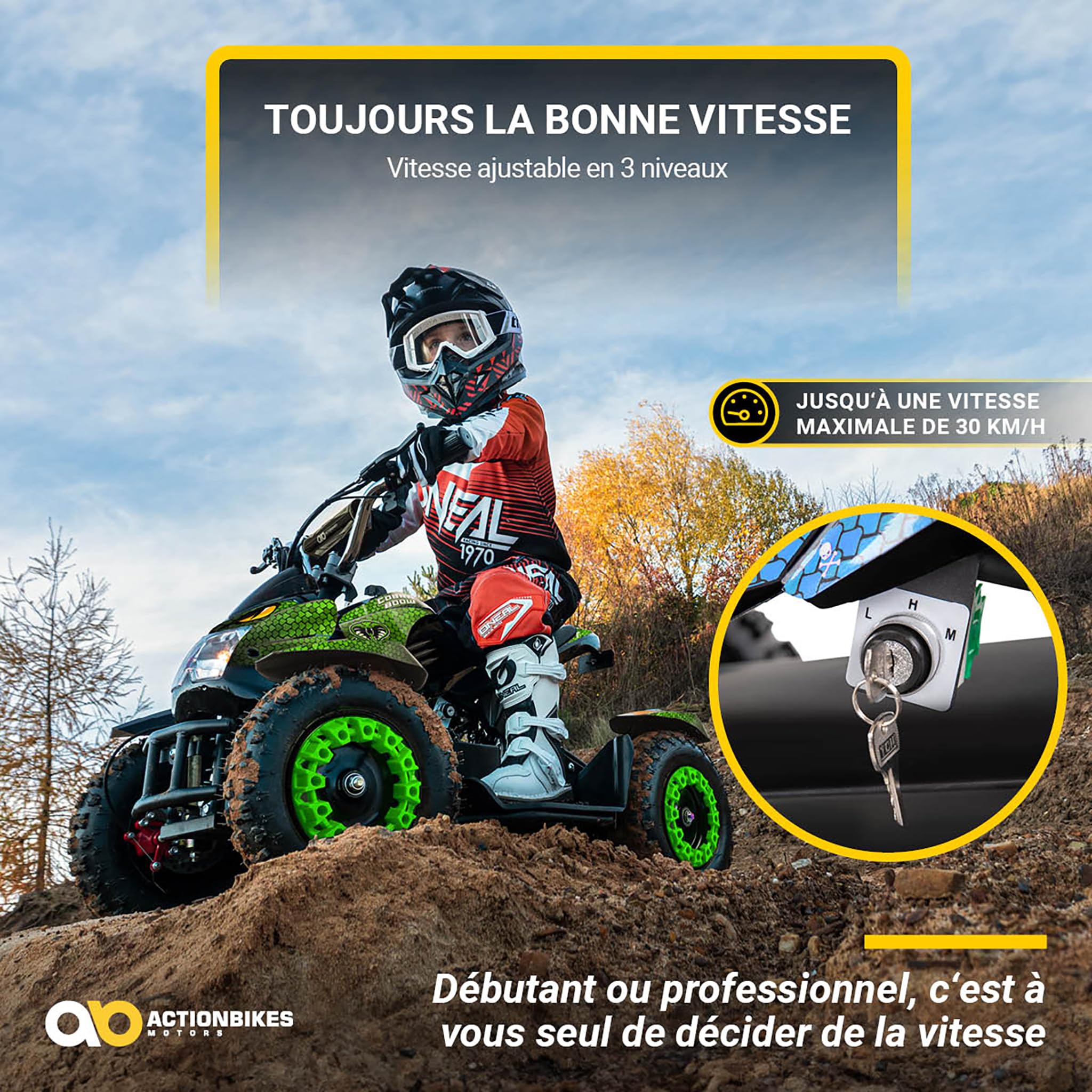 Actionbikes Motors Quad électrique Enfant ATV Cobra | 36 Volts 800 Watts Jusqu’à 24 km/h - Quad Enfant - Pocket Quad - pédale de sécurité Safety Touch - Mini Quad - dès 8 Ans (Vert/Noir)