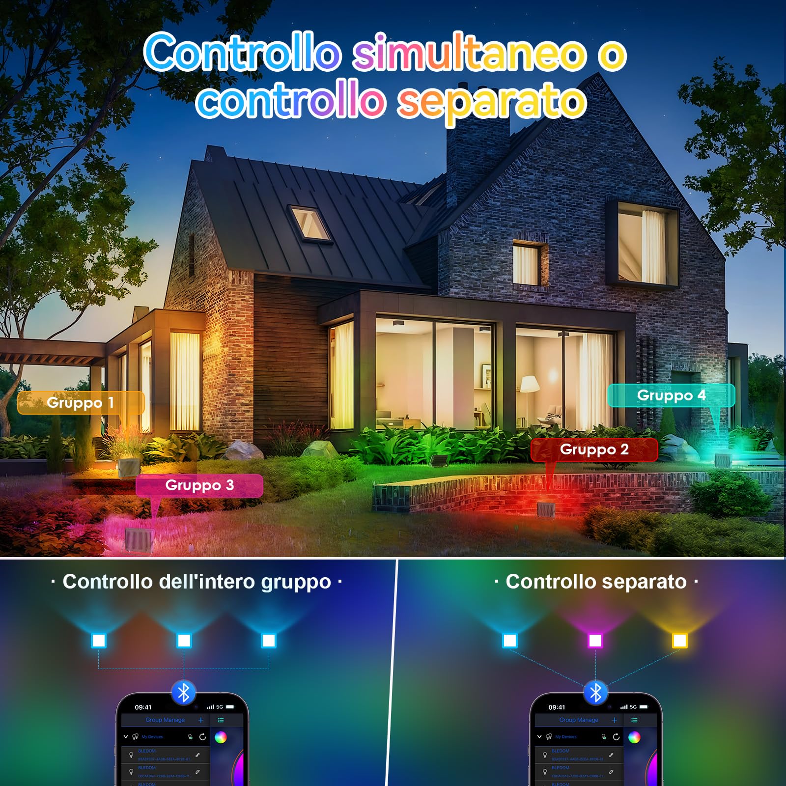 MEEKBOS 2 Pezzi Faretto LED RGB Esterno 150W, Faro LED RGB Con APP Bluetooth e 2.4G Telecomando,IP66 Impermeabile Dimmerabile Proiettore per Giardino,Pasqua,Partito,Halloween,15000LM