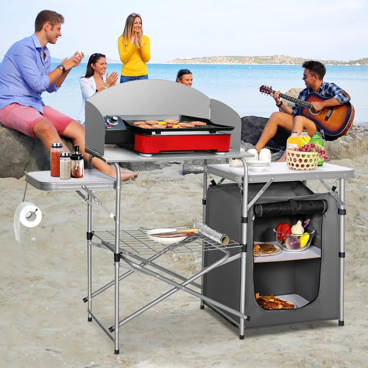 GYMAX Aluminum Portable Camping Kitchen, Folding Cooking Table with 26" Tabletop, Detachable Windscreen & Carrying Bag, Outdoor Grill Table for BBQ, Backyards