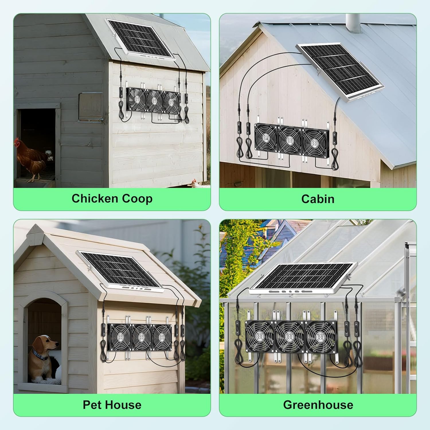 New 5.5" Solar Chicken Coop Fan 3 Kit, 35W Solar Powered Exhaust and Intake Greenhouse Fan Outdoor Waterproof, 16.5ft Cord, Strong Airflow, for Shed Pet House Air Circulation and Ventilation