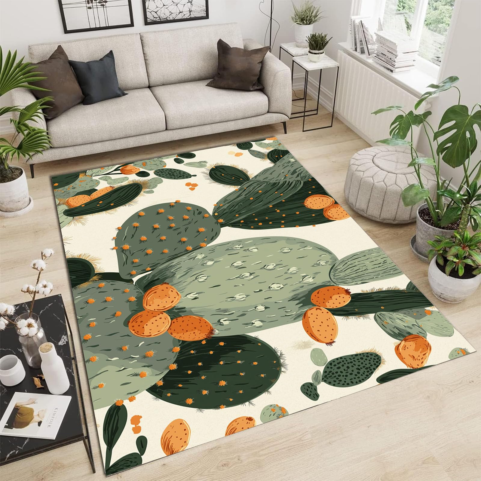 Tapis de salon lavable en machine 120x180 cm motif cactus abstrait pour chambre