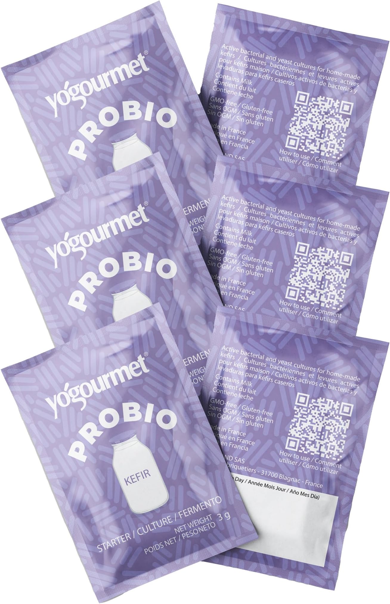 Yogourmet Kefir Starter with Probiotics (6 Sachets = 6 Quarts of Kefir) - Make Kefir at Home - Starter Culture - All Natural, Gluten Free, Kosher, Halal - 3 g Sachets