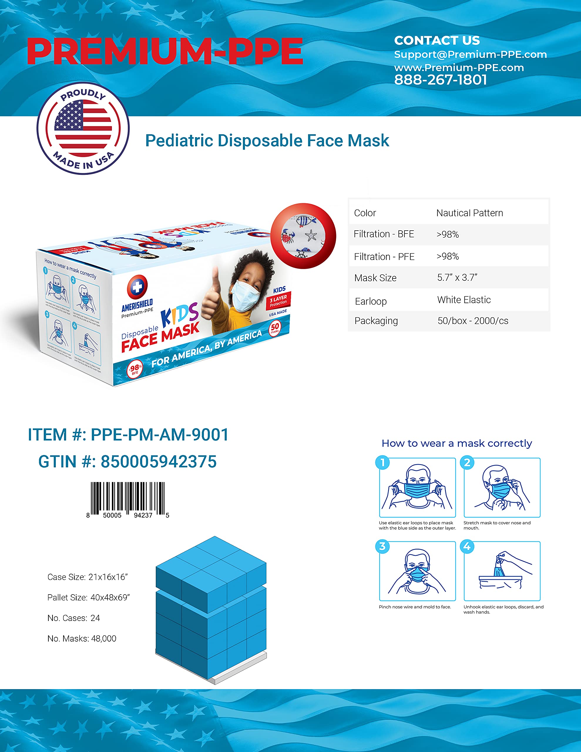 Amerishield Kids 3 Layer Disposable Face Masks Nautical Pattern - 50 Pack - Made In USA