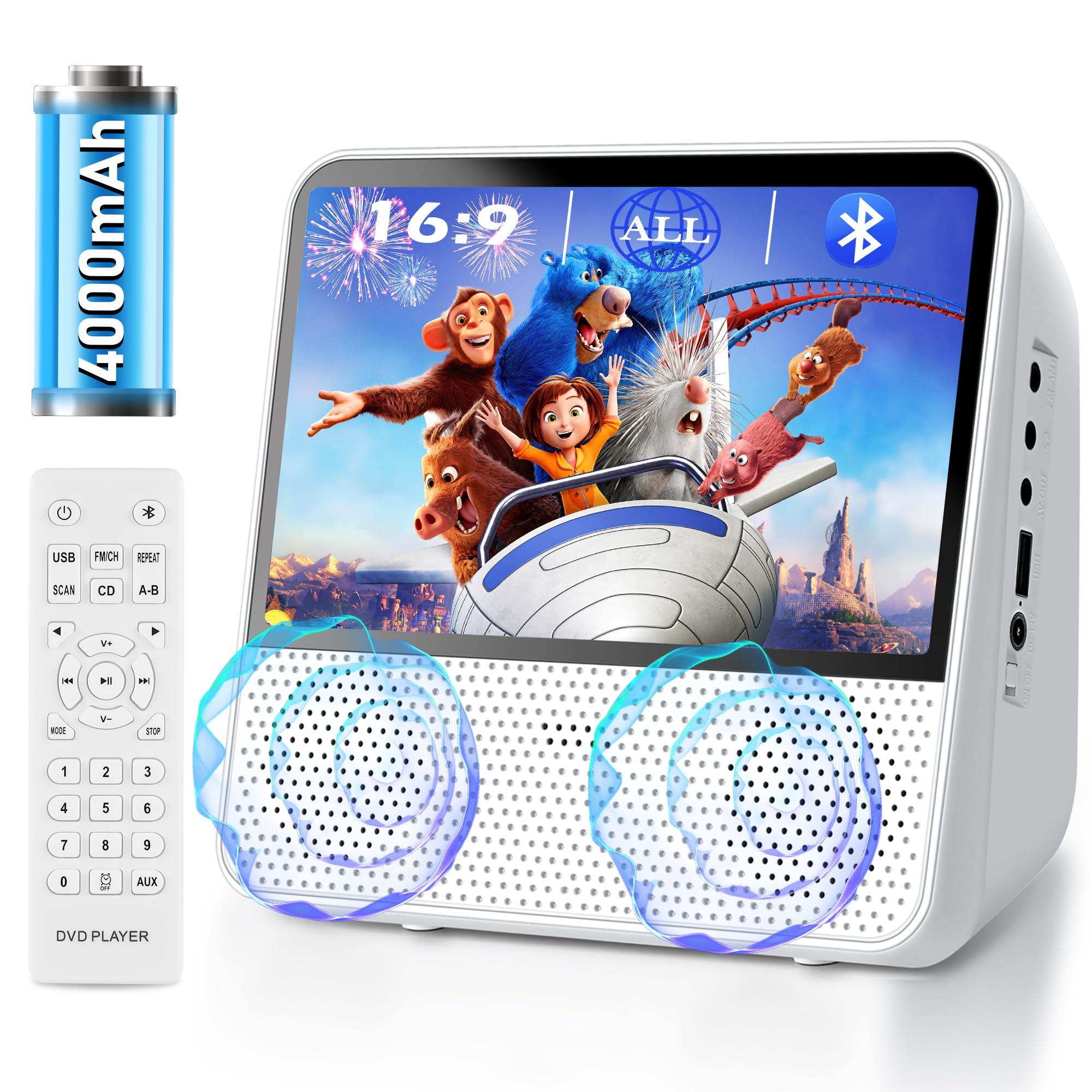 Lecteur DVD Portable Bluetooth, 4000mAh Rechargeable Lecteur DVD Region Free pour Voiture avec Haut-parleurs Intégrés Double, Compatible CD/Bluetooth/USB/RCA/Prise Casque, Lecteur CD Enfant