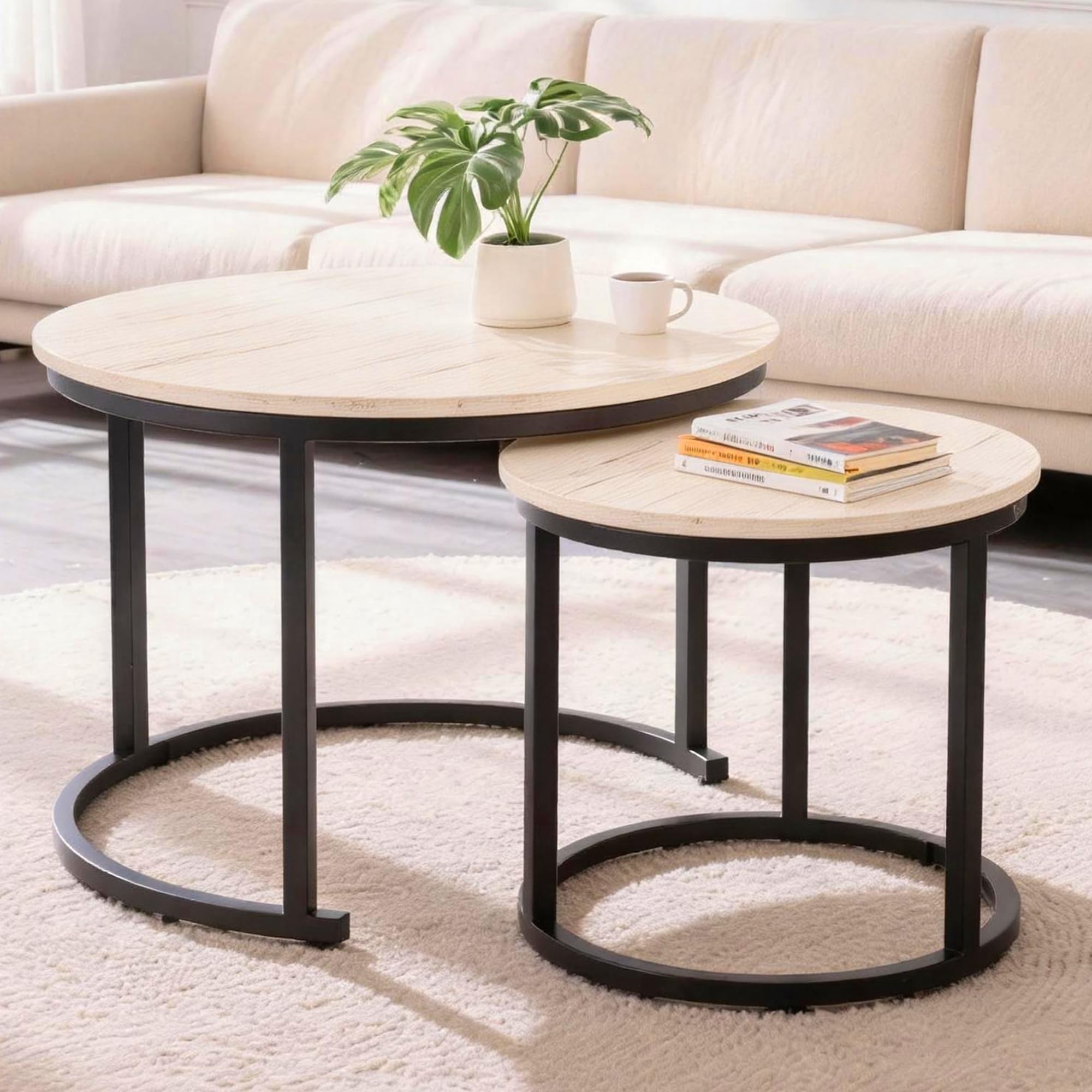 Runder Couchtisch 2er Set, Wohnzimmertisch mit Schwarz Metallgestell, Beistelltisch Set, Couchtisch mit Glatter Holzoptik, Sofatisch für Wohnzimmer, Schlafzimmer und Büro, Elfenbein
