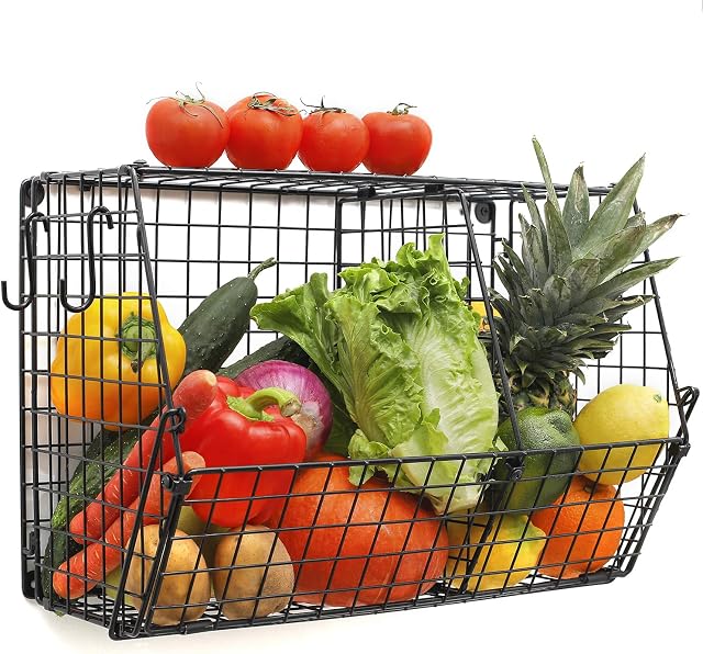 ChasBete Wire Basket Storage Shelf Baskets, Hanging Fruit Basket with S Hooks, Kitchen Storage Baskets/ Bathroom Organizer
