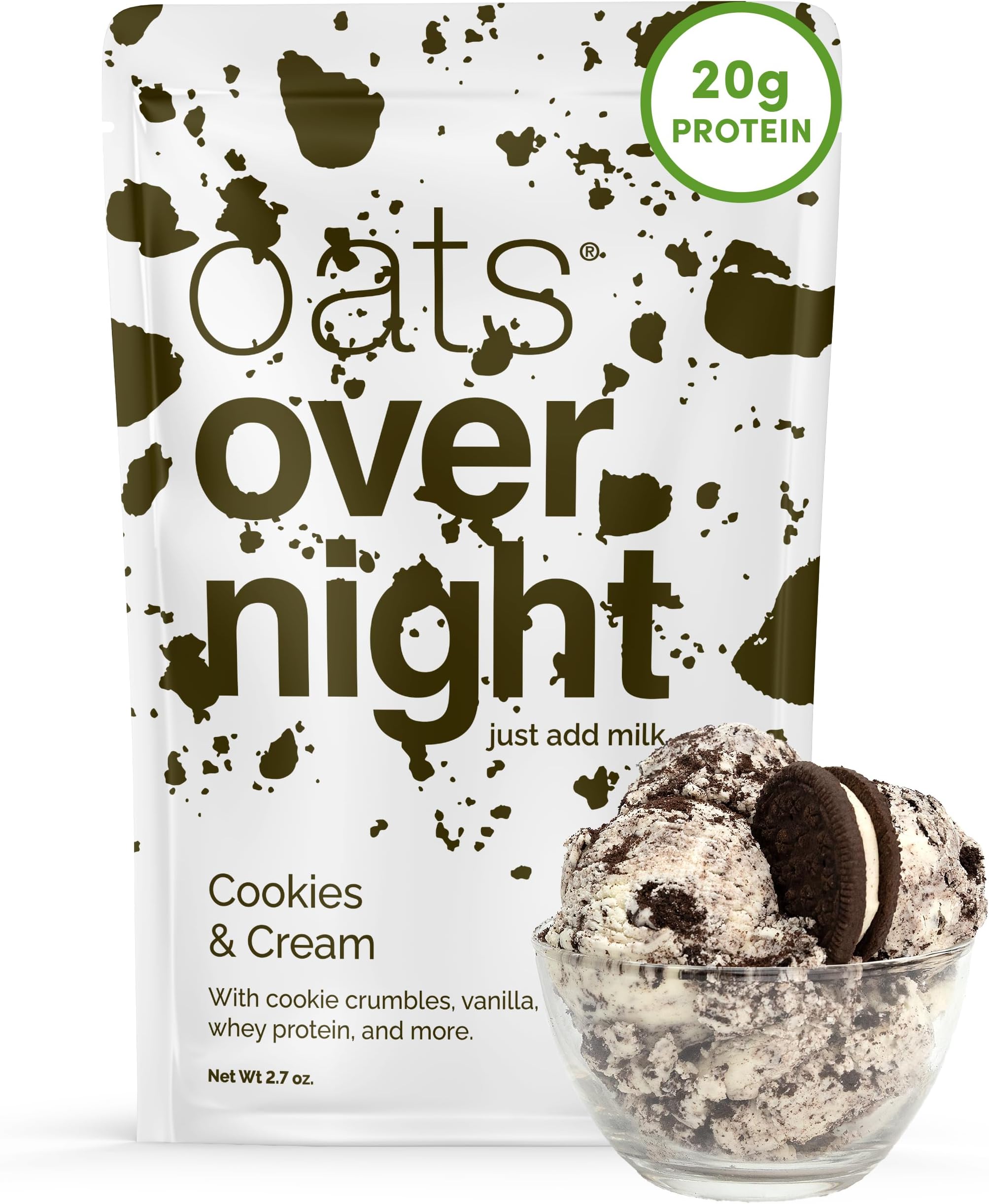 Cookies & Cream - Overnight Oats with 20g Whey Protein, High Fiber Breakfast Protein Shake - Gluten Free Oatmeal, Non GMO High Protein Oatmeal (2.7oz per Meal) (8 Pack)