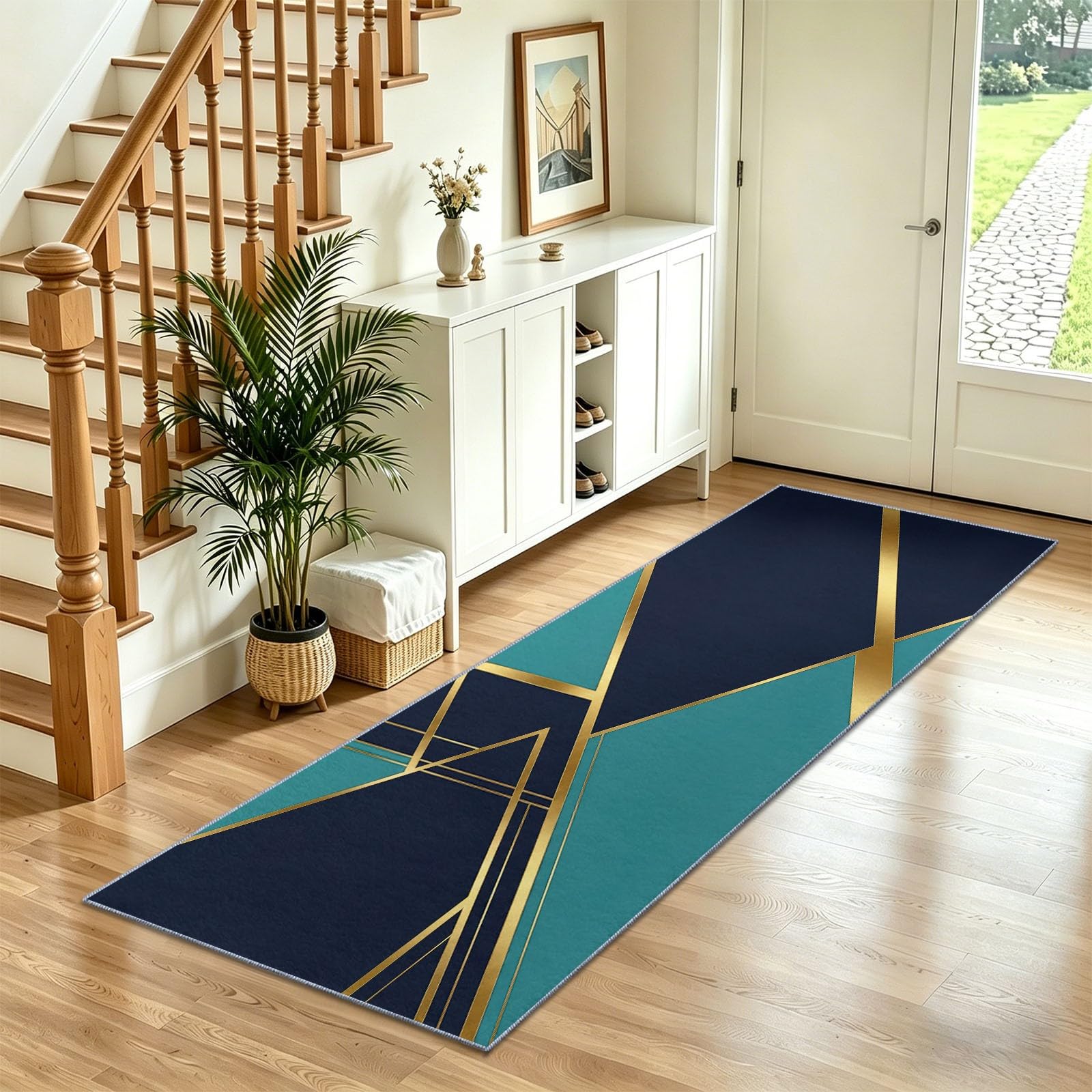 Tapis de cuisine antidérapant et lavable bleu marine avec fil doré