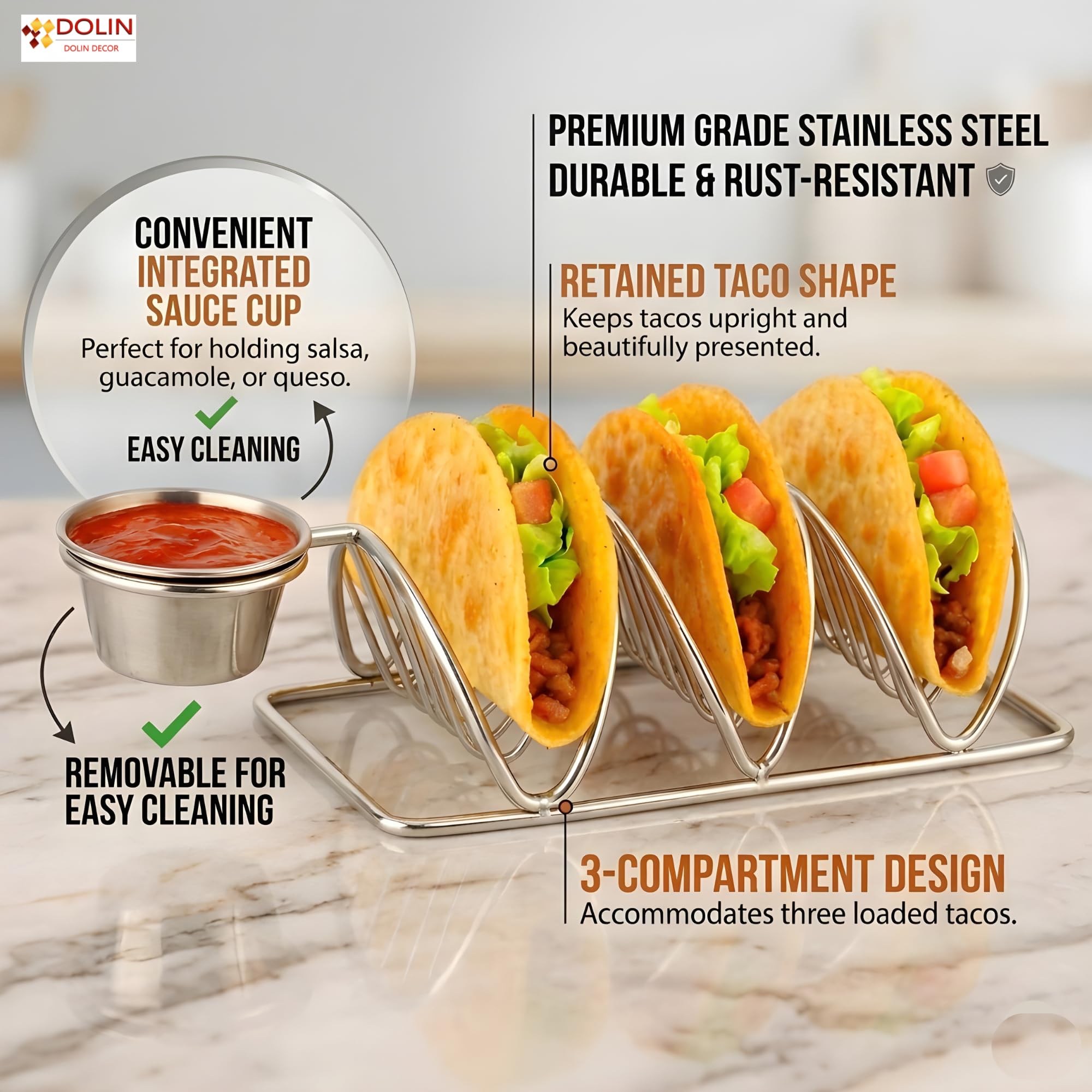 Dolin Decor Premium Stainless Steel (Ss) Taco Holder Stand with Dip Bowl β Stylish and Durable Taco Shell Serving Rack for Parties (Silver) (Silver, Set of 1) 1