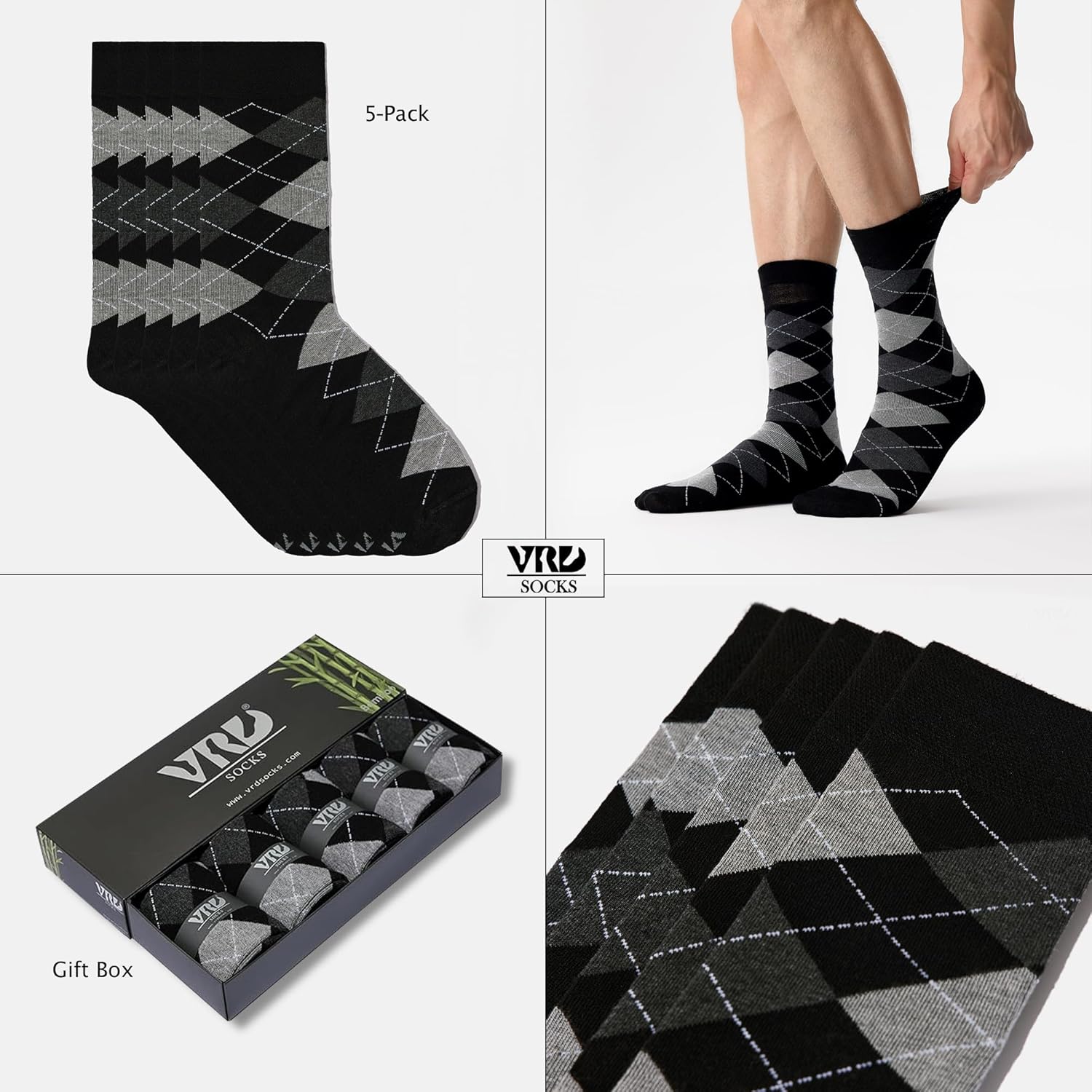 VRD Men’s Dress Socks Bamboo Rayon 5-Pack Crew Socks Fits Shoe Size 8-13 Gift Box - Image 2