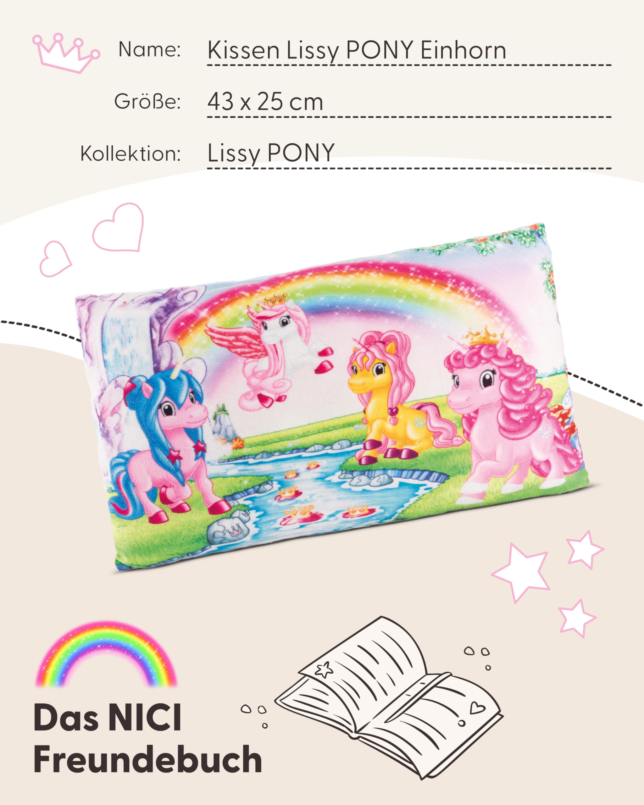 NICI Kissen Lissy PONY Einhorn 43x25cm Bunt - Flauschiges NICI Kuschelkissen für Kinder & Erwachsene, Kinderkissen für Zuhause, Kindergarten oder unterwegs - 49980