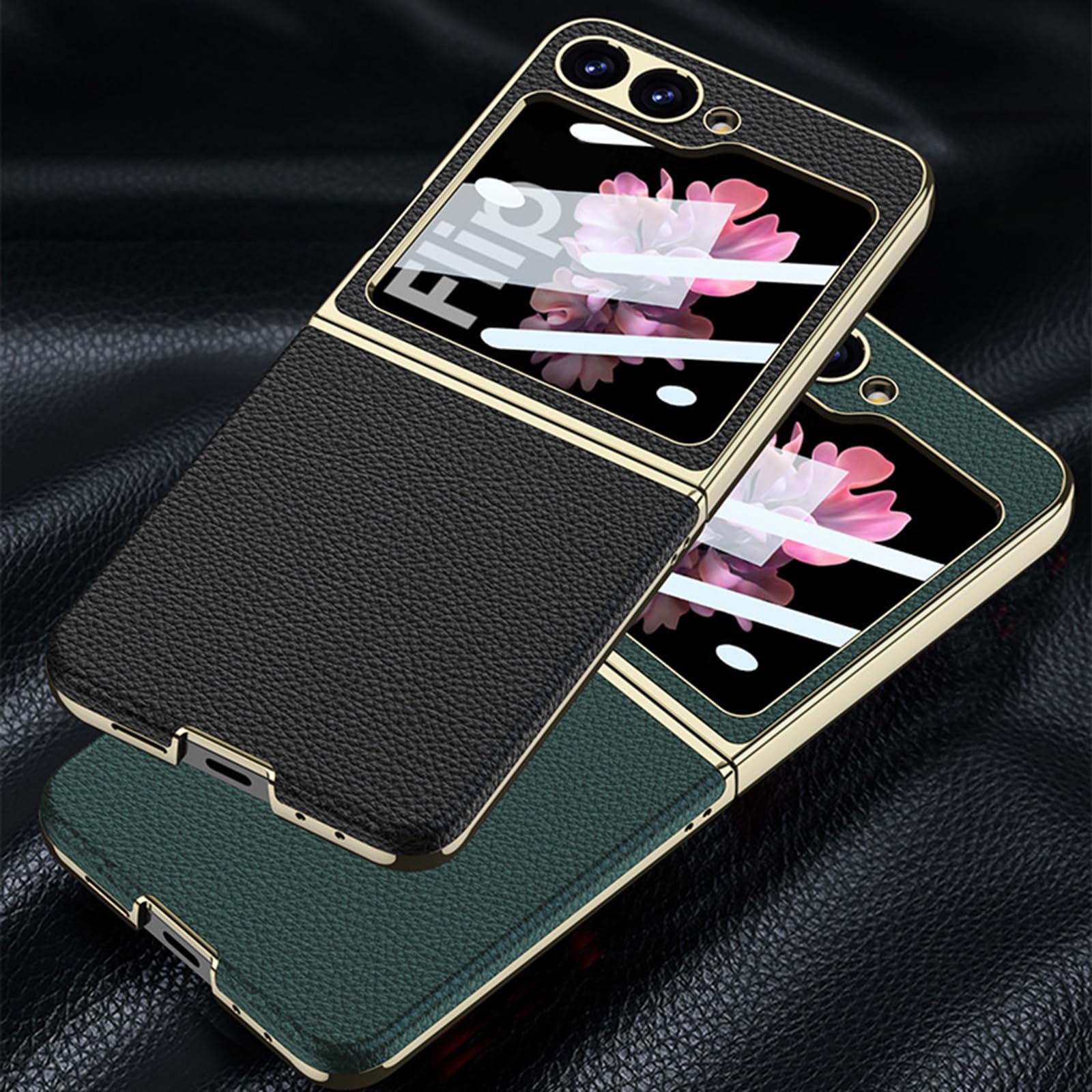 Etui do Samsung Galaxy Z Flip 7, luksusowe galwanizowane skórzane etui ochronne z osłoną ekranu, bezprzewodowe ładowanie, czarny, Flip 7