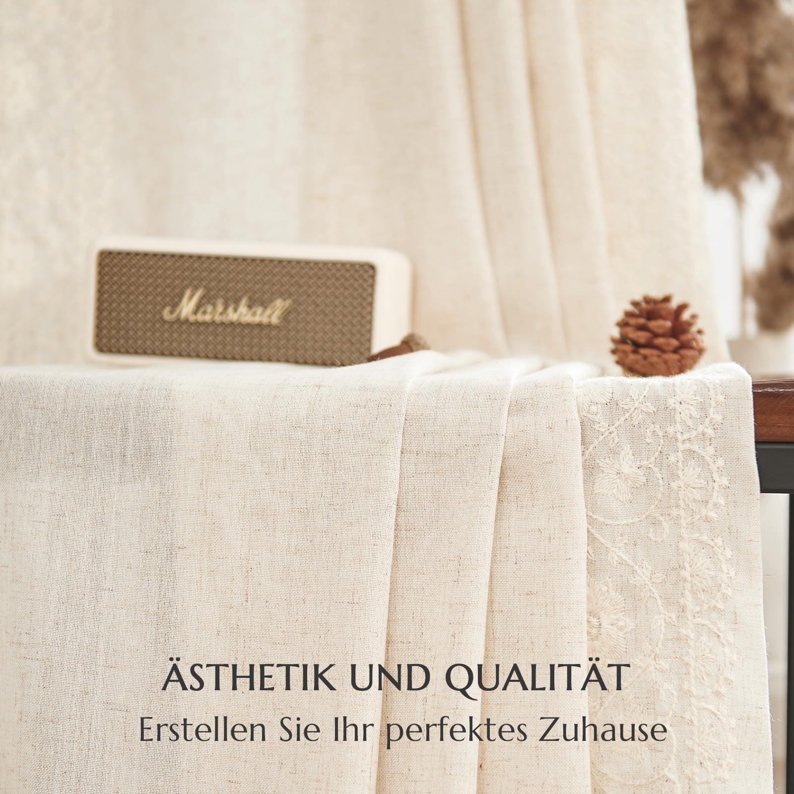 Vangao Leinenoptik Gardinen 140B x 145Hcm 2er Set Boho Stickerei Beige | Blumen Muster Vintage Vorhänge Kurz mit Verdeckten Schlaufen, Lichtdurchlässig, Wohnzimmer Schlafzimmer Küche Fenster Natur