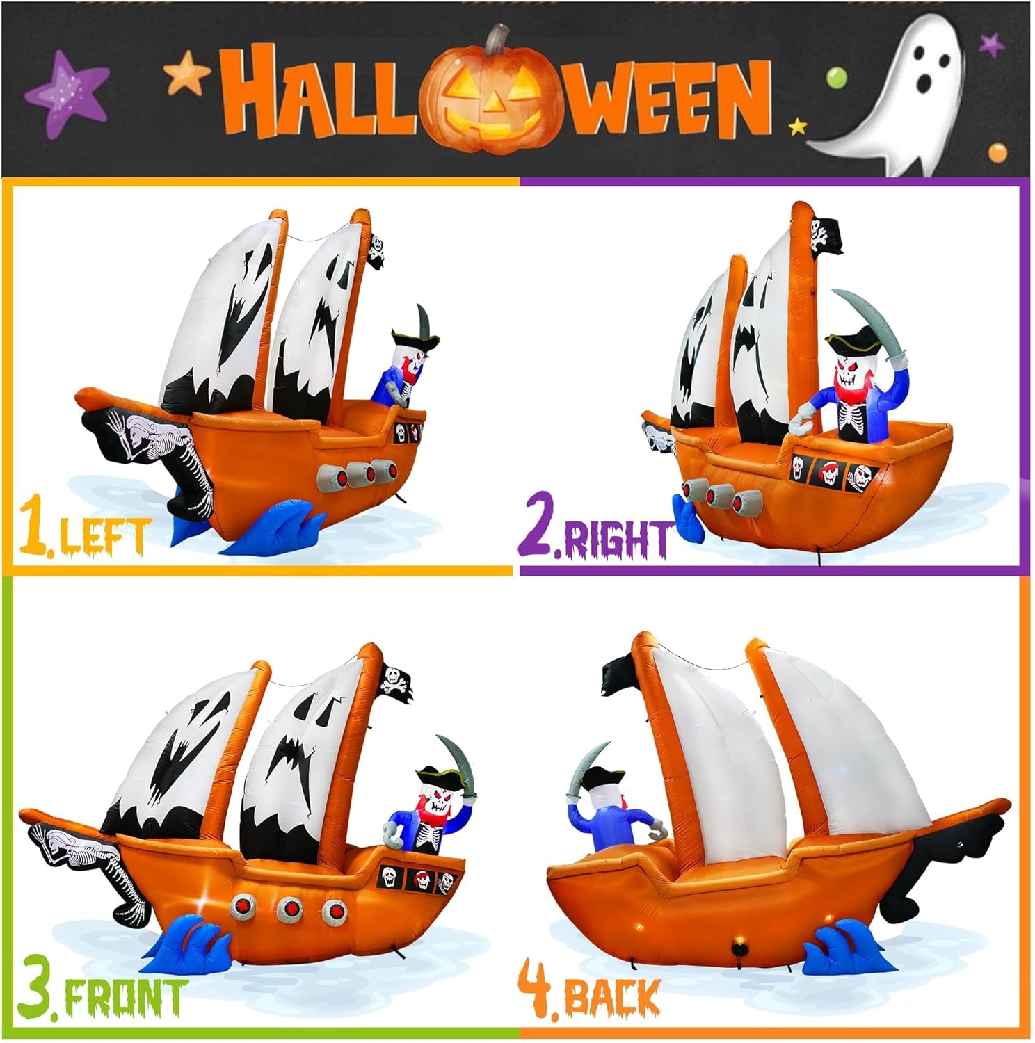 10FT Length Halloween Pirate Ship Inflatable with Pirate, Halloween Decorations Outdoor Inflatable Pirate Ship Built-in 5 LEDs and 4 RGB Lights for Pirate Halloween Decorations Outdoor