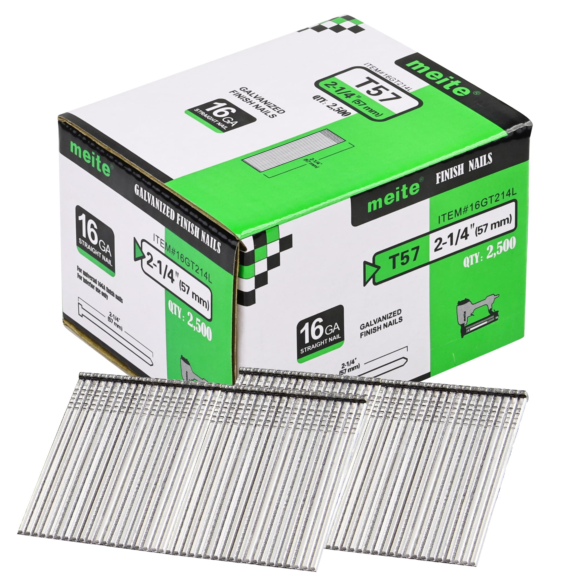 meite 16 Gauge Finish Nails, 57 mm Galvanised 16GA Finish Nails, Small Straight Finishing Nail, Ideal for Woodworking, Upholstery, and Framing Projects (2,500 Counts)