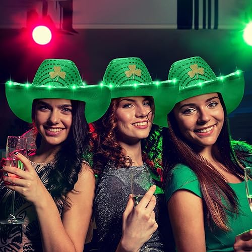 Miniatura 5 de Silicherry Paquete de 6 sombreros de vaquero de trébol de San Patricio con luz LED, sombrero de vaquera verde trébol, sombrero irlandés para