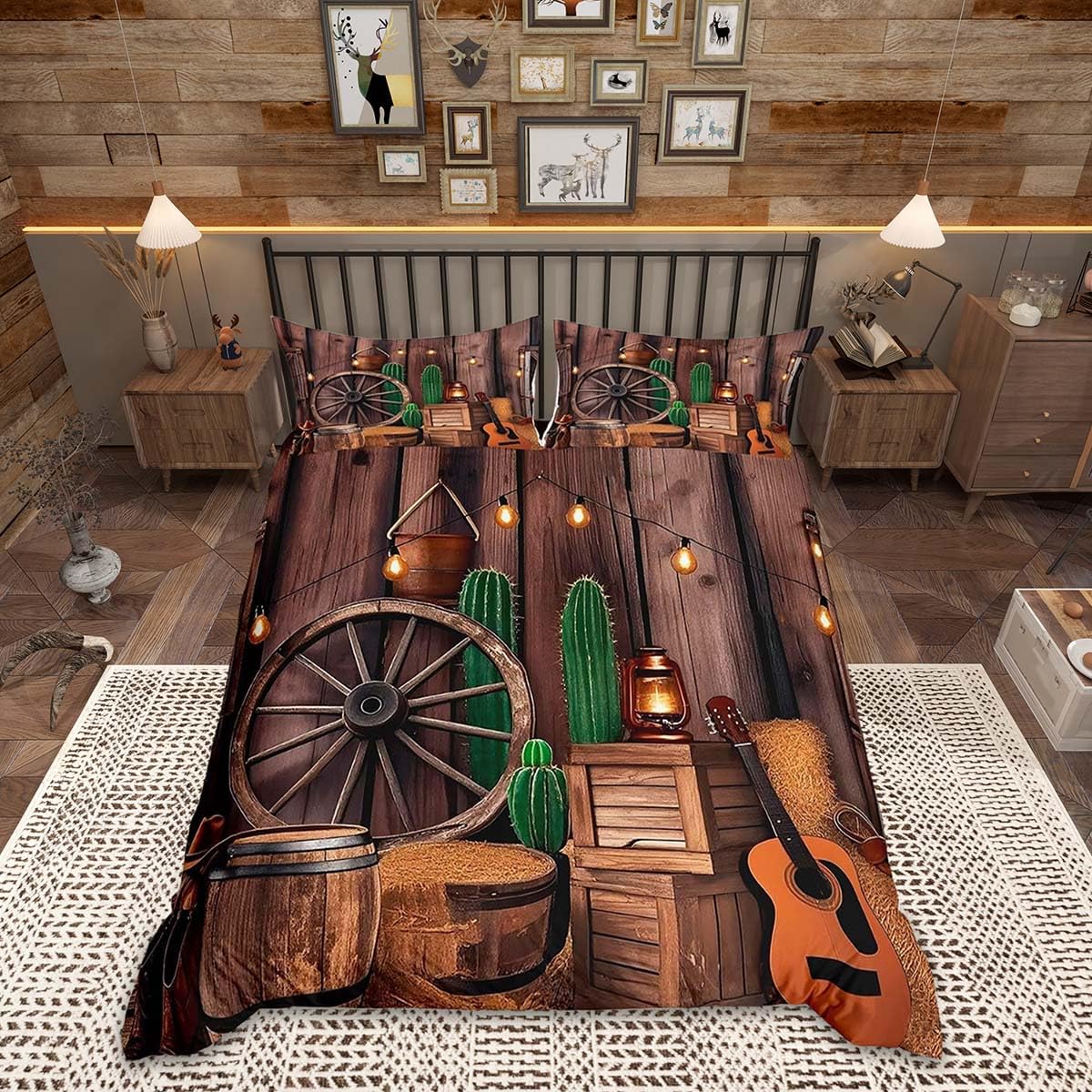 Homemissing Western Duvet Cover King Size Wild West Cowboy Bedding Set for Boys Girls Rodeo Cowboy Style Duvet Cover Rustic Farmhouse Bedroom Decor 3Pcs Brown Green With 2 Pillowcases — image 1