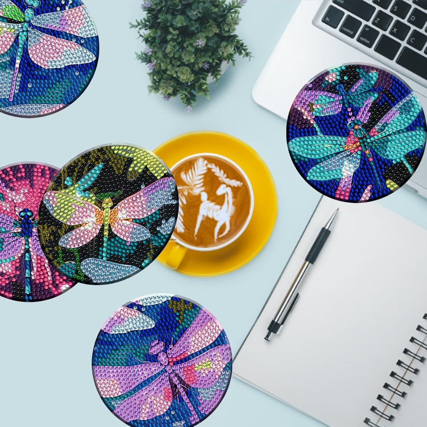 Demonwer 8 Pieces Dazzling Dragonfly Diamond Coasters Kits with Holder DIY Colorful Dragonfly Diamond Art Coaster Coaster for Gifts Beginner Adults Kids Art Table Home Craft Gift Supplies image 4