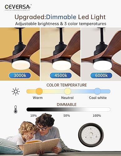 Vista 5 de 42 Inch Wood Ceiling Fans with Lights and Remote,Outdoor Ceiling Fan for Patios with Dimmable Led Light,Walnut 3 Blades,Memory Modern Fan for Living