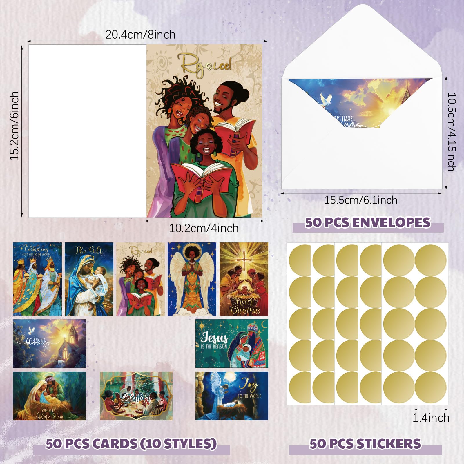Motiskyy 50 tarjetas de Navidad religiosas afroamericanas surtidas a granel con escrituras cálidas bendiciones en el interior, ángeles de Papá Noel negro, 10 estilos, tarjetas de felicitación