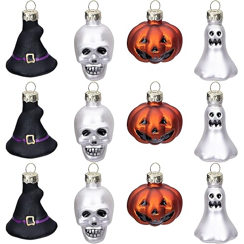 12 PCS Halloween Glass Ornaments-Halloween Decorations Glass Blown Ornaments with Pumpkin Ghost Skull Witch Hat for Halloween Party Christmas Tree Home Decoration