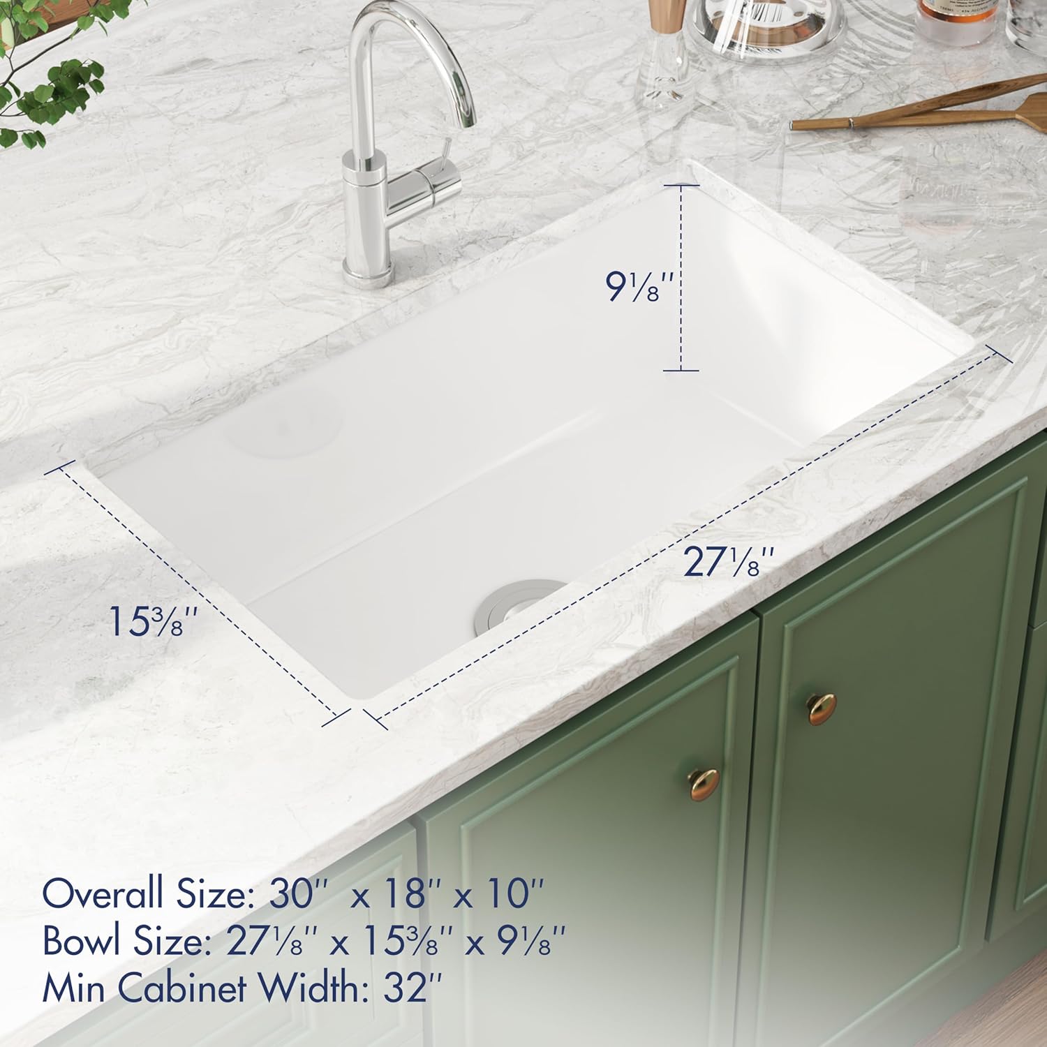 Eridanus 30" x 18" Undermount Fireclay Dual Mount Deep Single Bowl Kitchen Sink - White with Bottom Grid and Strainer Drain