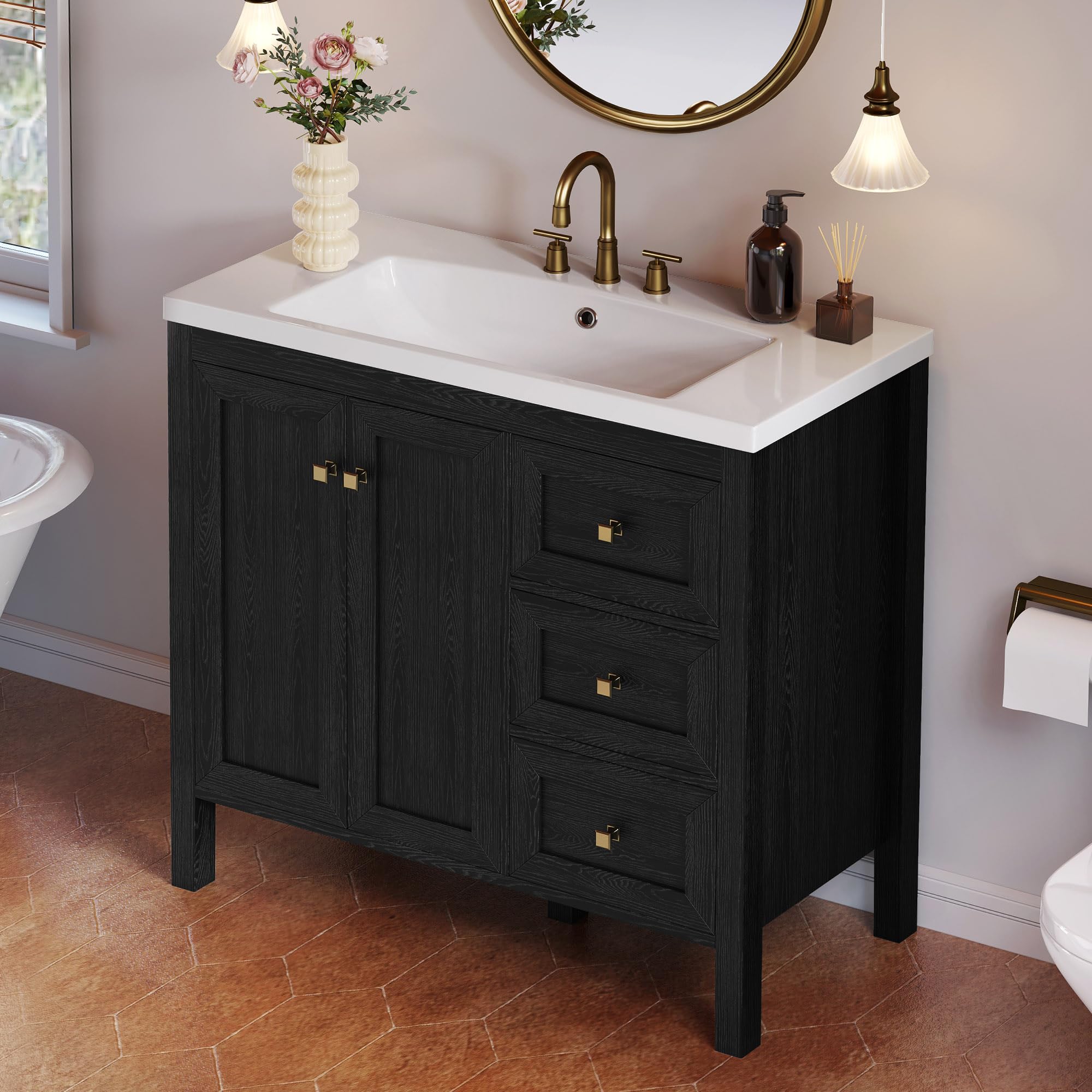 (2 BOXES) YITAHOME 36" Bathroom Vanity with Sink Set, Vintage Bathroom Cabinet Vanity with Resin Basin, Extra Large Storage with 2 Soft-Closing Doors & 3 Drawers, Black